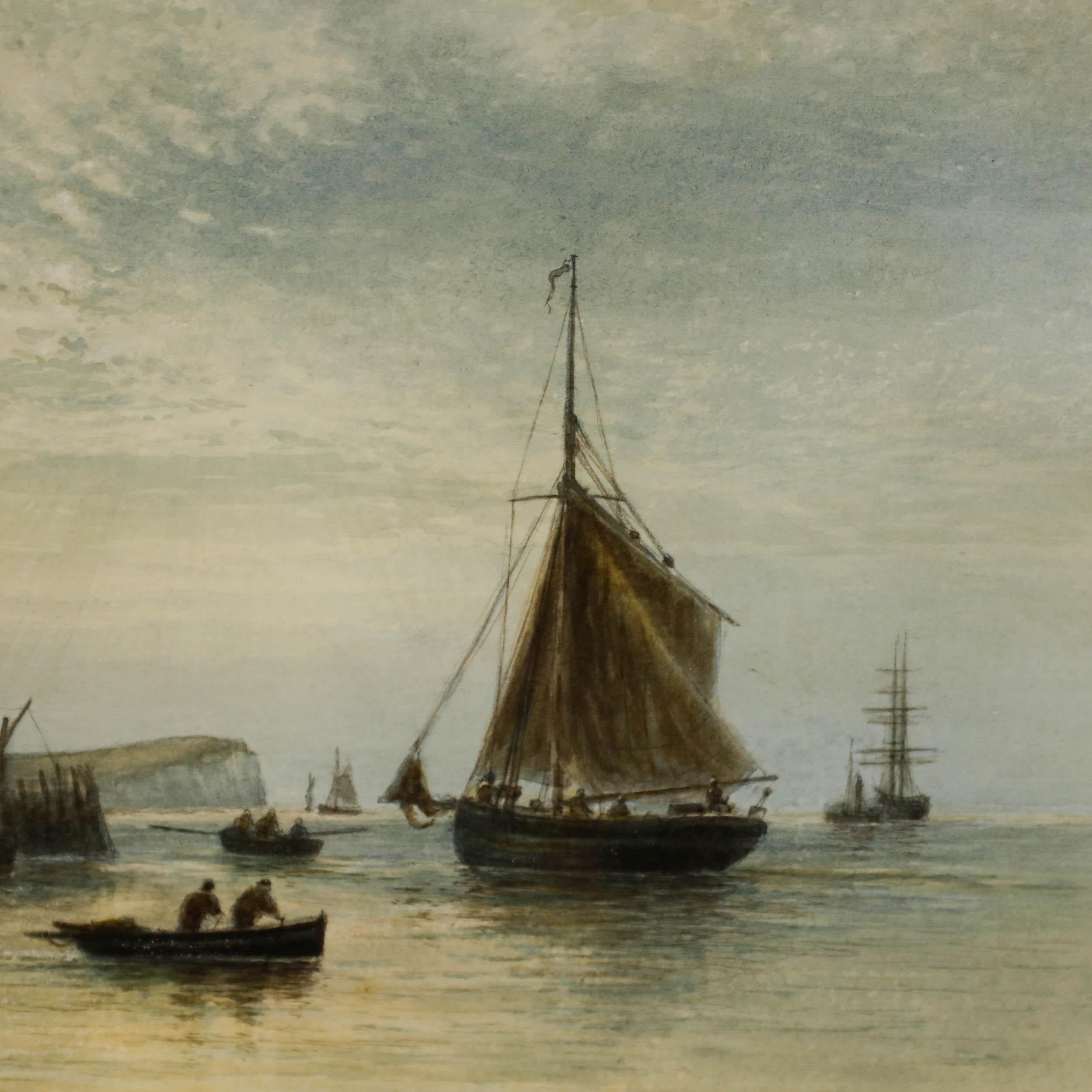 Fredrick Miller (fl.1880-1892) - Gerahmtes Aquarell, Boote, die in Newhaven ankommen im Angebot 1