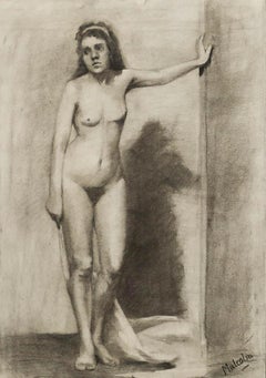 Malcolm - Framed 20th Century Charcoal Drawing, Standing Nude
