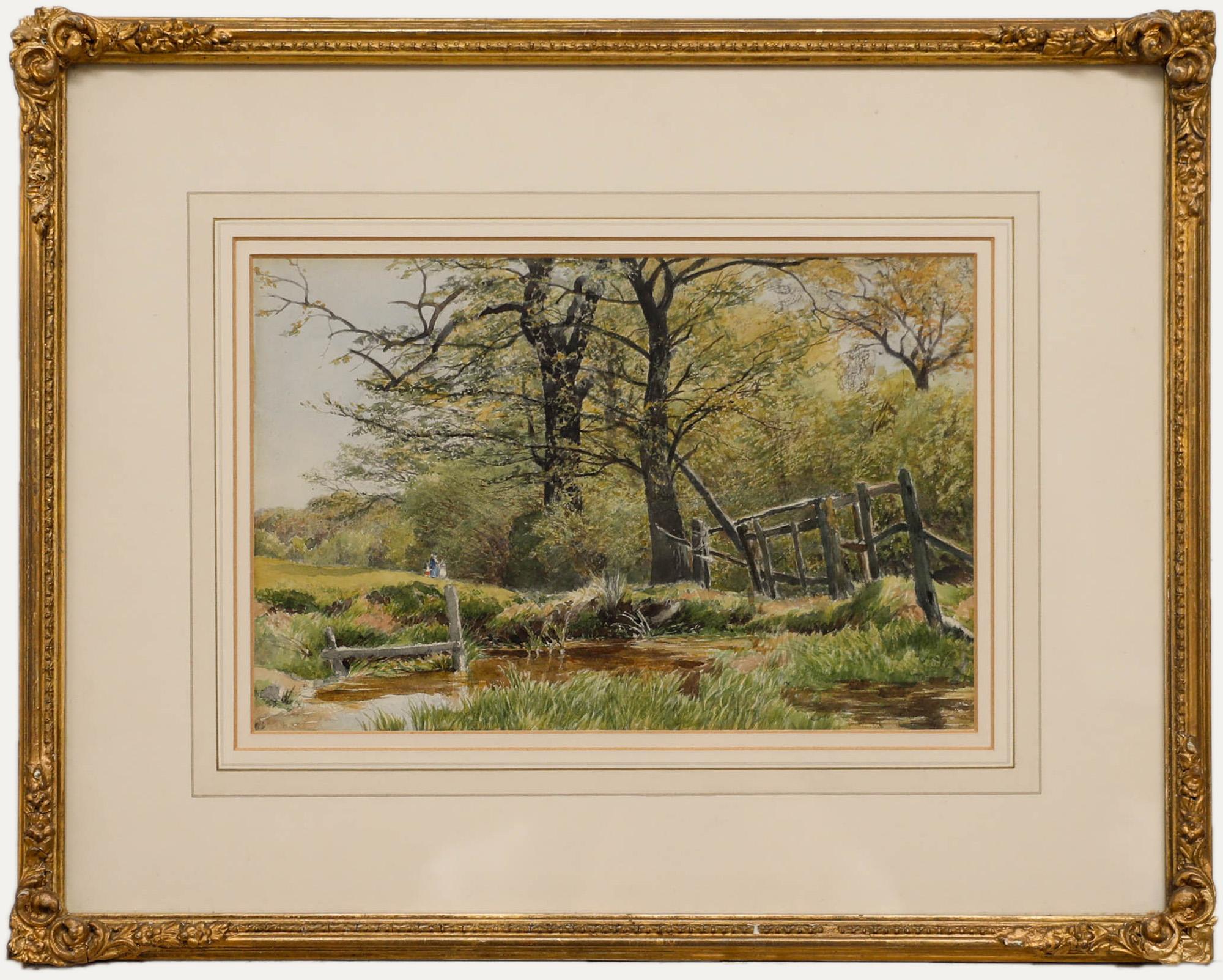 G. Davidson - Aquarelle encadrée de la fin du XIXe siècle, À la lisière des bois