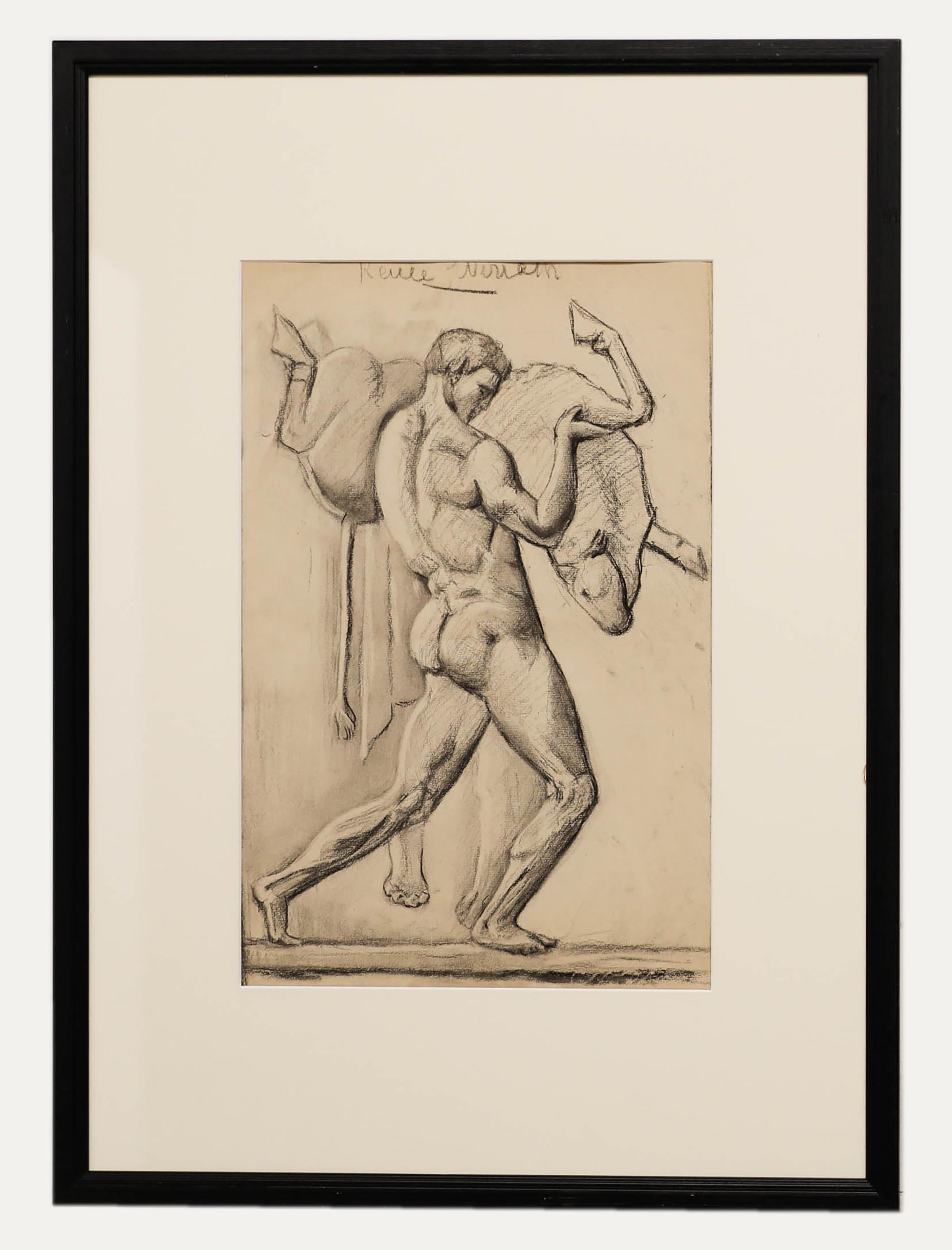 Unknown Nude - Renée Wiriath - Early 20th Century Charcoal Drawing, Athlete and the Bull