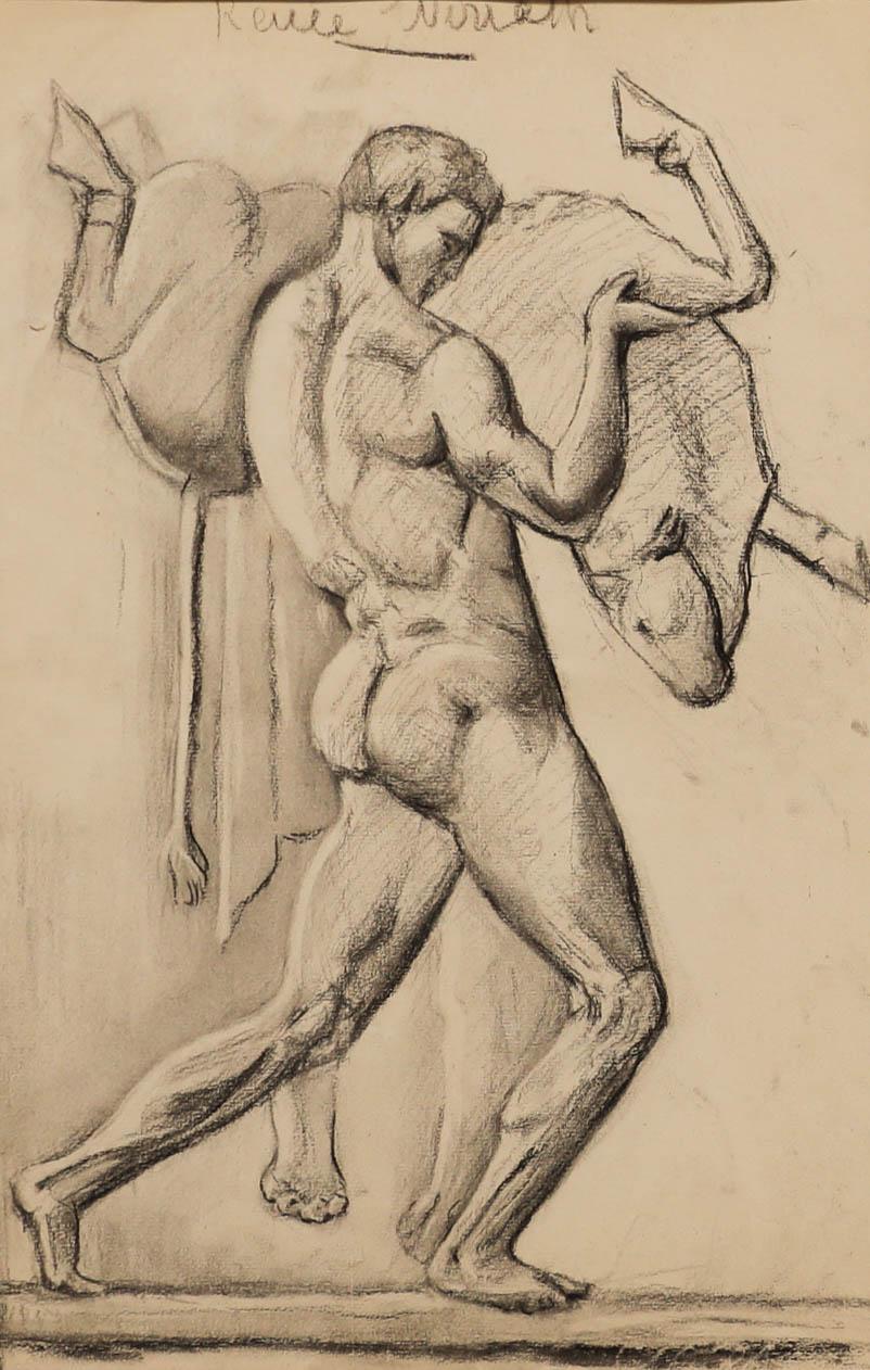 Renée Wiriath - Early 20th Century Charcoal Drawing, Athlete and the Bull - Art by Unknown