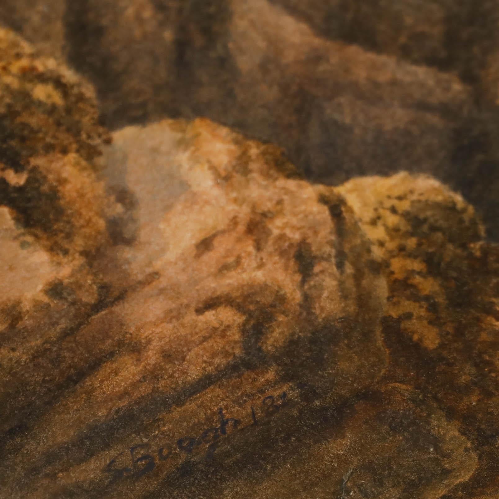 Un charmant paysage du XIXe siècle représentant des personnages se reposant sur un chemin dans les Highlands écossais. L'artiste guide le regard du spectateur sur les sommets spectaculaires des montagnes alors que le crépuscule se rapproche. Signé