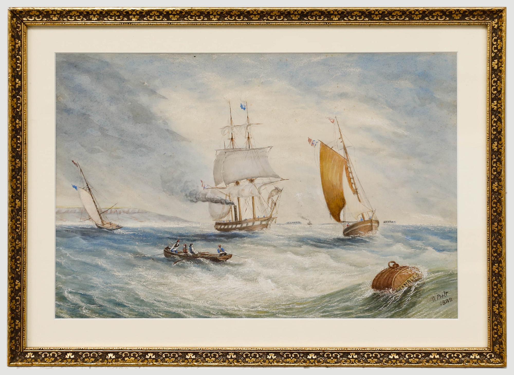 Figurative Art di Unknown - W. Bolt - Acquerello incorniciato della fine del XIX secolo, Navi al largo di una linea costiera increspata