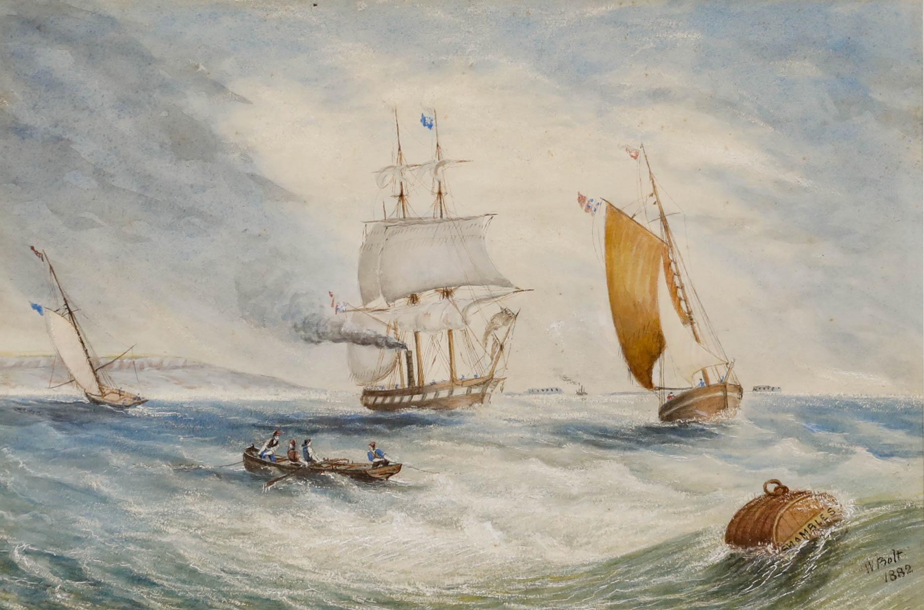 W. Bolt - Acquerello incorniciato della fine del XIX secolo, Navi al largo di una linea costiera increspata - Art di Unknown