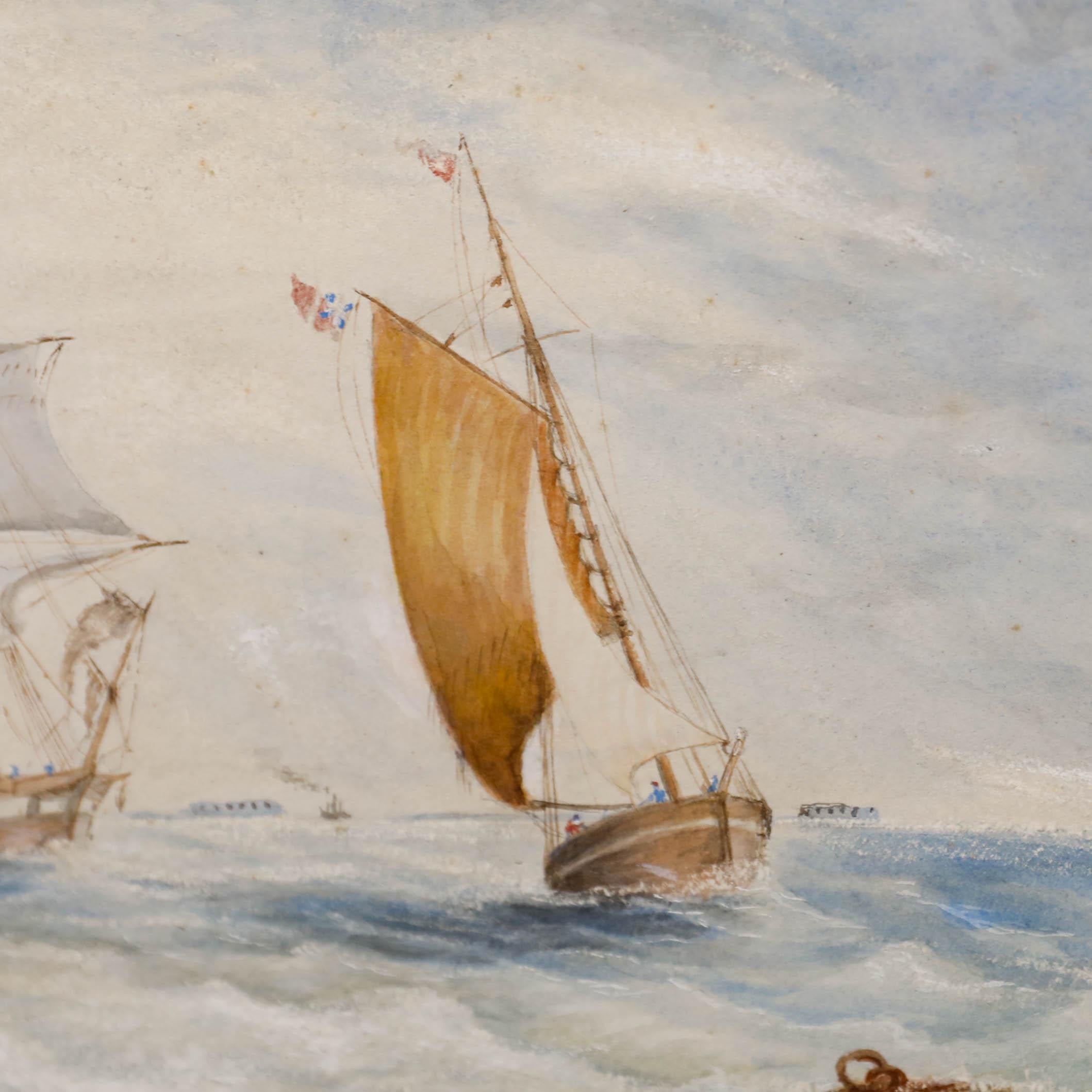 Raffinato acquerello nautico della fine del XIX secolo. Navi al largo di una costa increspata. La boa è stata iscritta con la scritta 