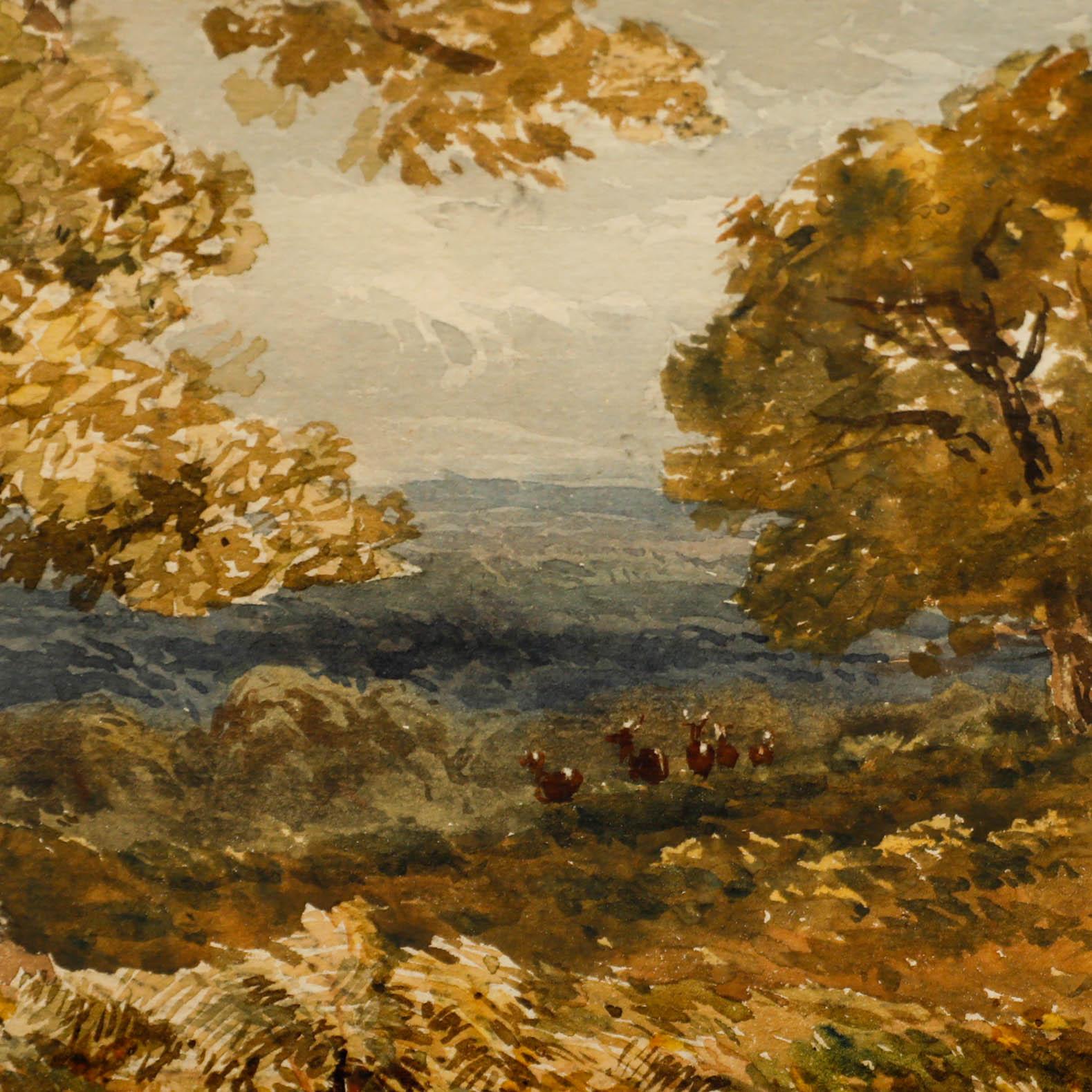 Eine reizvolle Aquarelllandschaft, die Rotwild im Richmond Park zeigt. Präsentiert in einem vergoldeten Rahmen mit Perlmutteffekt. Auf der Rückseite des Rahmens steht 