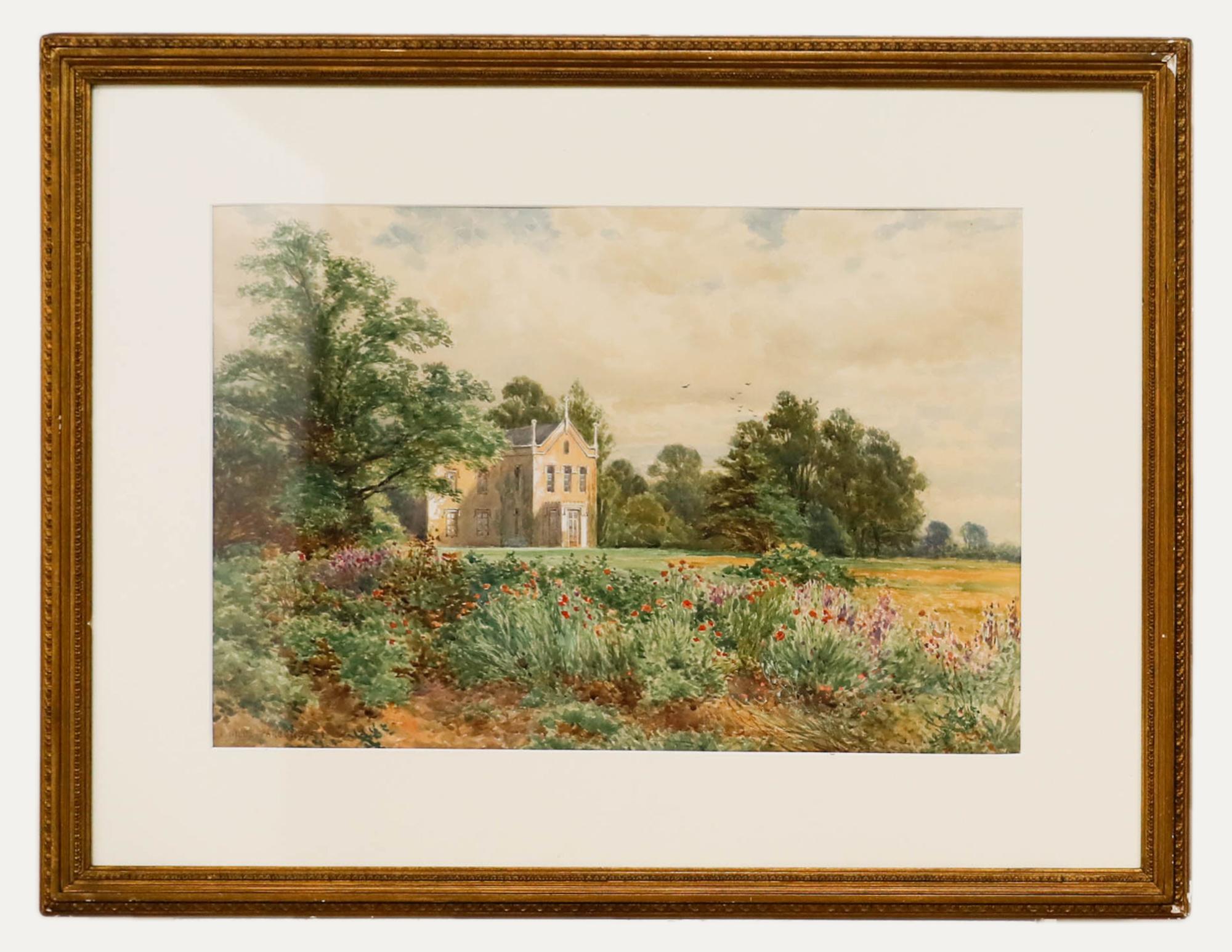 Ein Originalaquarell von Arthur Wilde Parsons (1847-1920), das ein gotisches Regency-Anwesen in einem privaten Park zeigt. Gut präsentiert in einem vergoldeten Rahmen mit zarten Laufmustern. Signiert und datiert (1892). Auf Aquarellpapier.