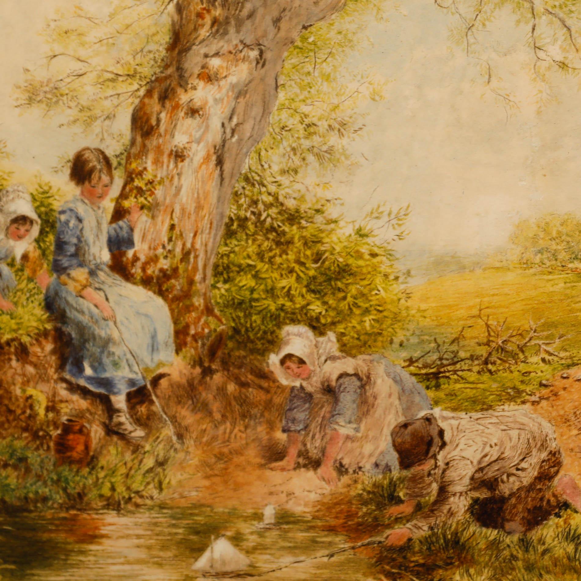 A charming countryside scene in watercolour depicting children racing toy boats on a gentle stream. Well presented in a gilt-effect frame. Signed 'B. Wish' in the lower right. On watercolour paper.