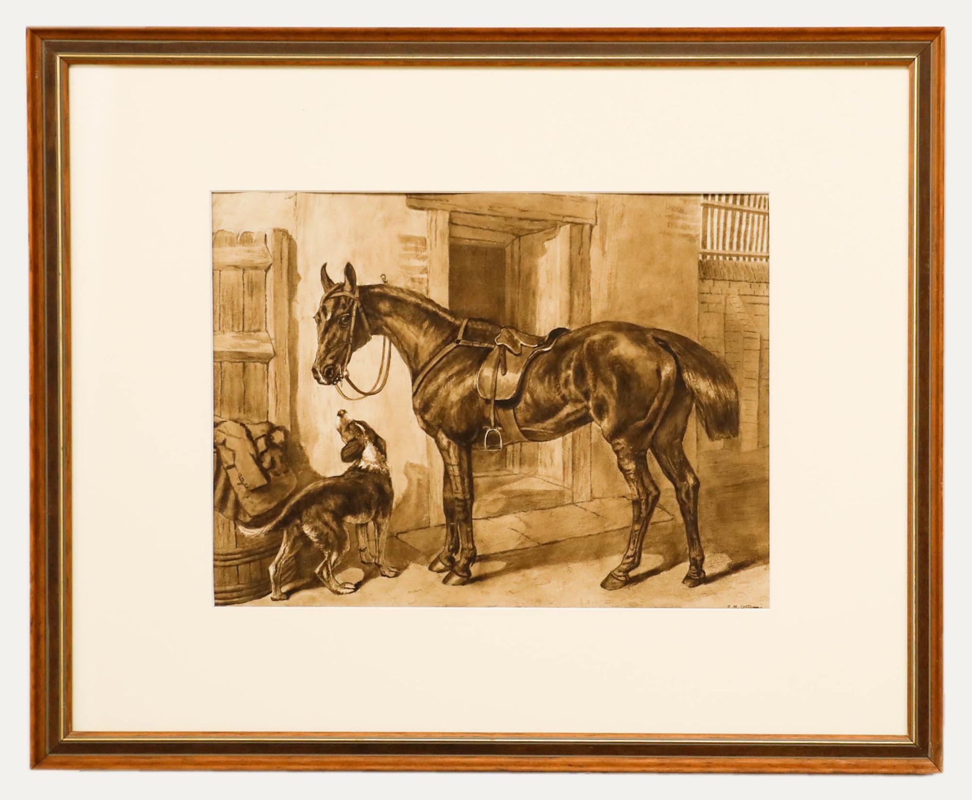 Unknown Animal Art - Edith Mary Cottam (1864-1942) - Framed Watercolour, Saddled Hunter with Hound