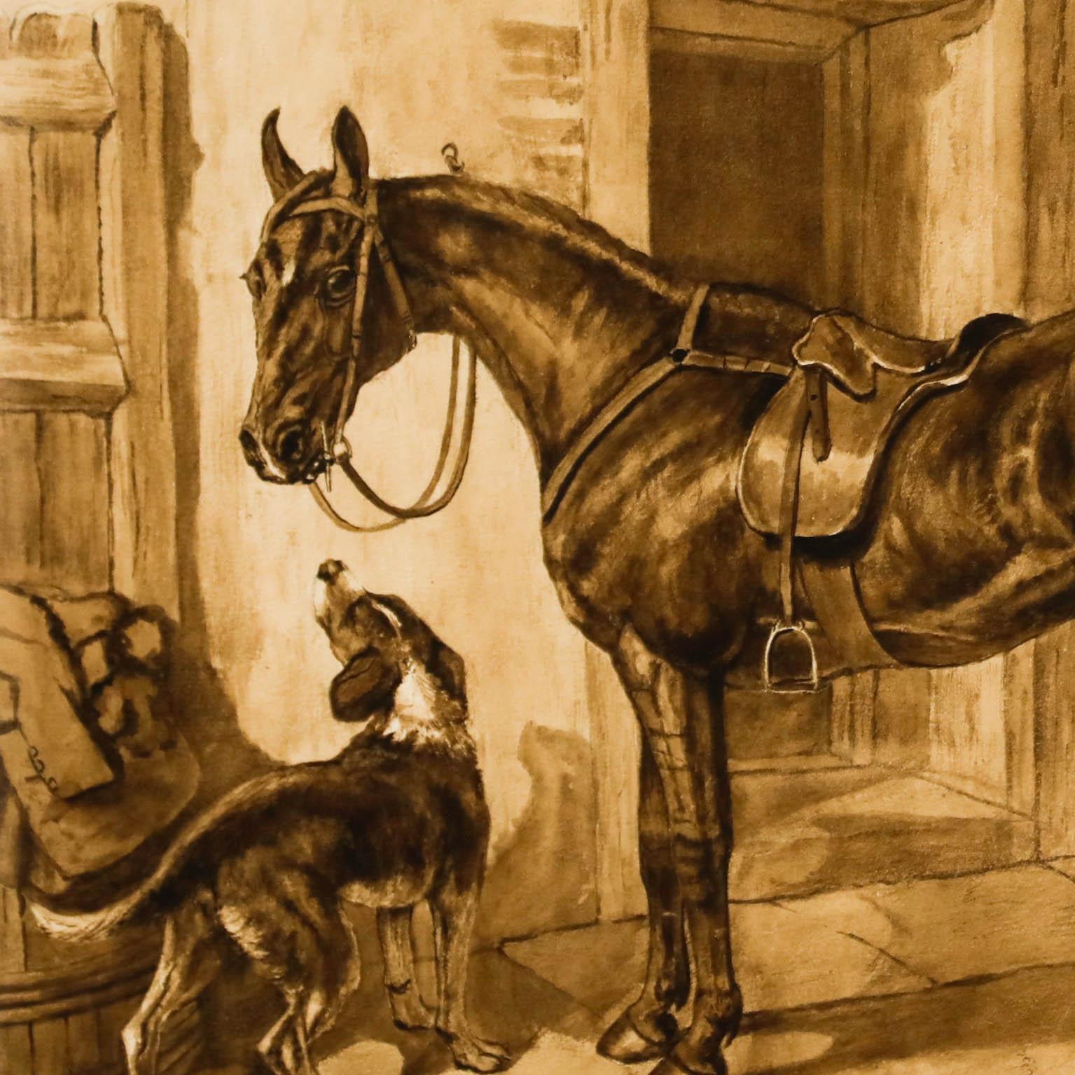 A wonderful sepia watercolor depicting a saddled hunter and hound waiting by a doorway. Well presented in a complementing dark wood frame. Signed. On paper.