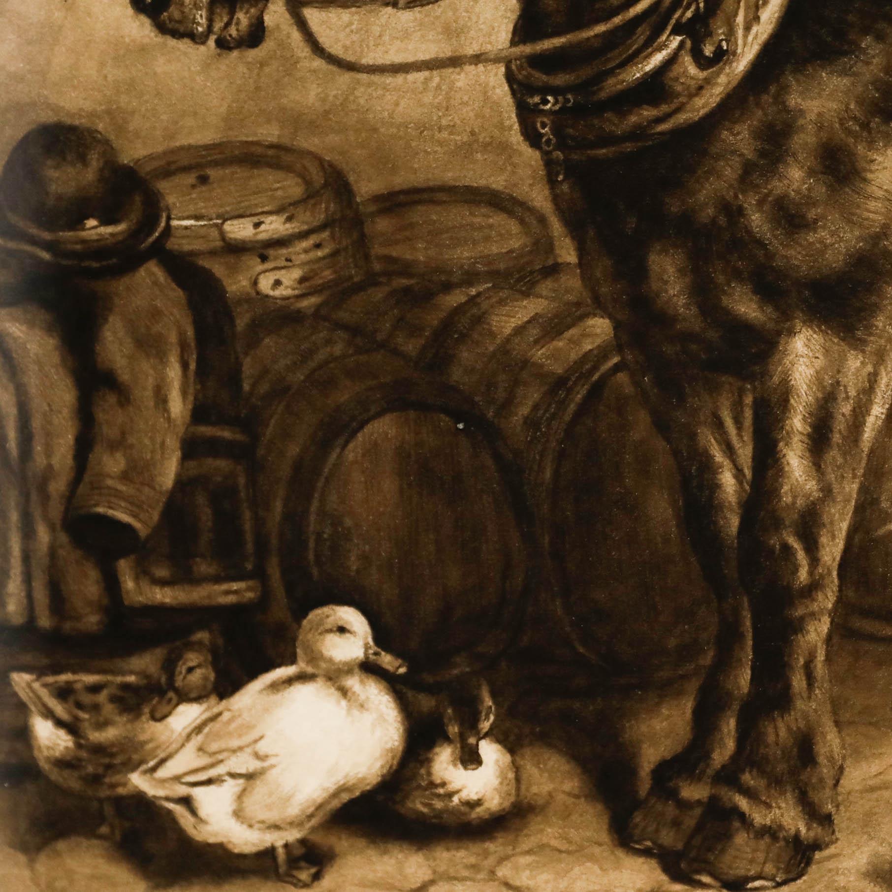 A wonderful sepia watercolor depicting a tired workhorse resting in the yard, surrounded by a raft of ducks. Well presented in a complementing dark wood frame. Signed. On paper. 