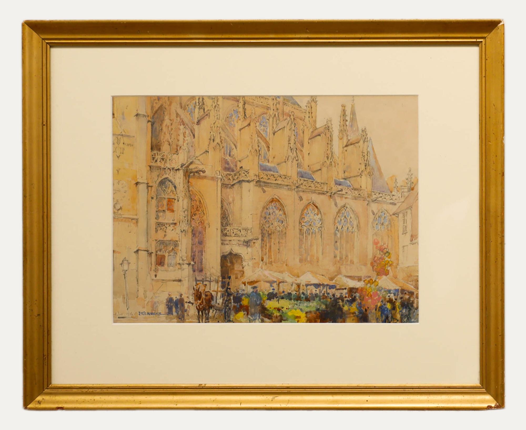 Sydney T.C. Weeks (1878-1945) - Acquerello, Folla al mercato della cattedrale