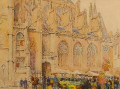 Sydney T. C. Weeks (1878-1945) - Watercolour, Crowds at the Cathedral Market