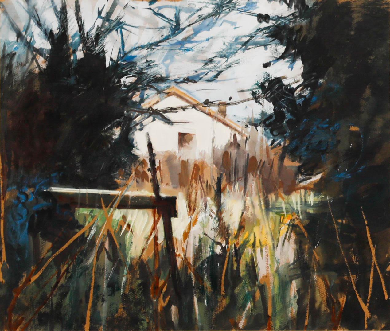 Gouache du 20e siècle - La ferme à travers les arbres - Art de Unknown