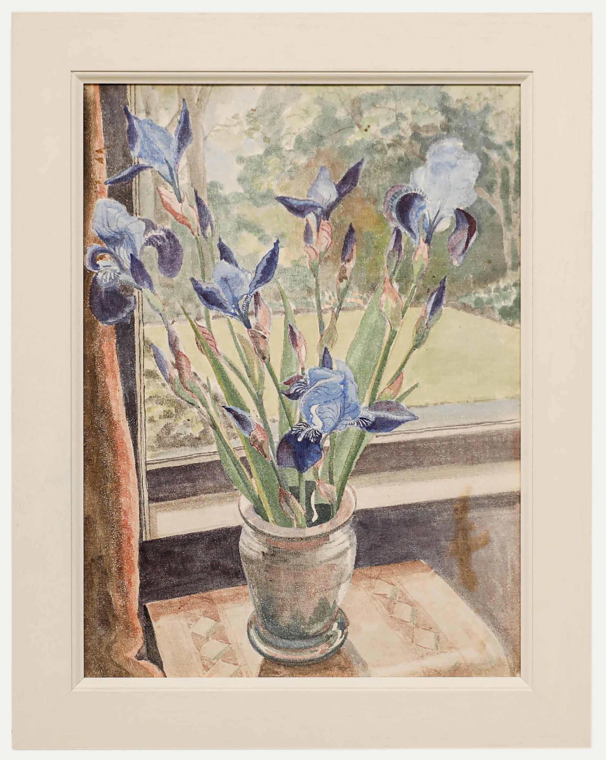 Still-Life di Unknown - Scuola britannica 1930 circa Gouache - Iris blu alla finestra