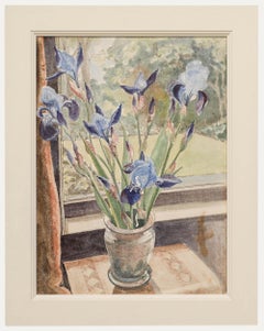 British School c.1930 Gouache - Blue Irises by the Window