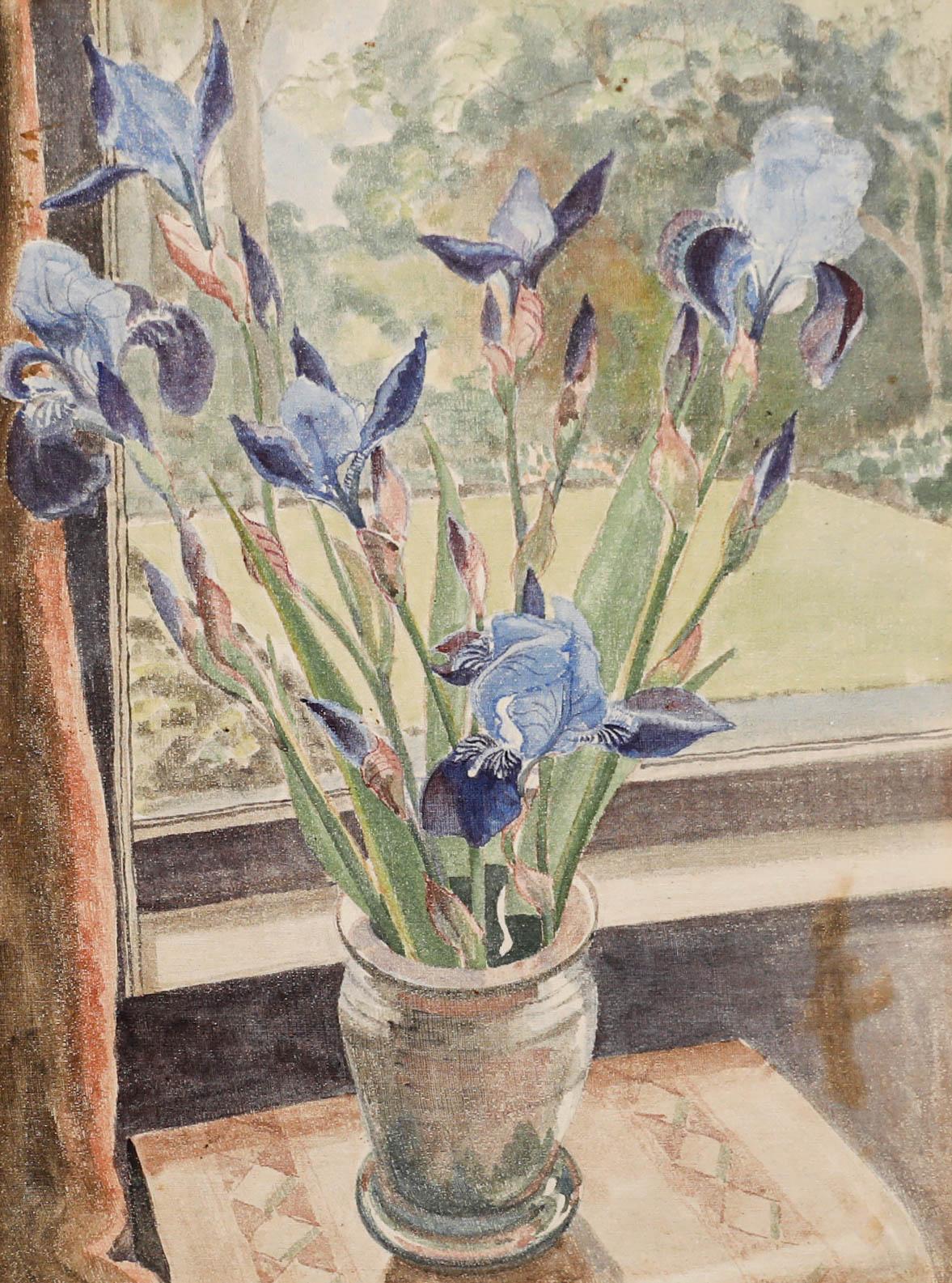 Scuola britannica 1930 circa Gouache - Iris blu alla finestra - Art di Unknown