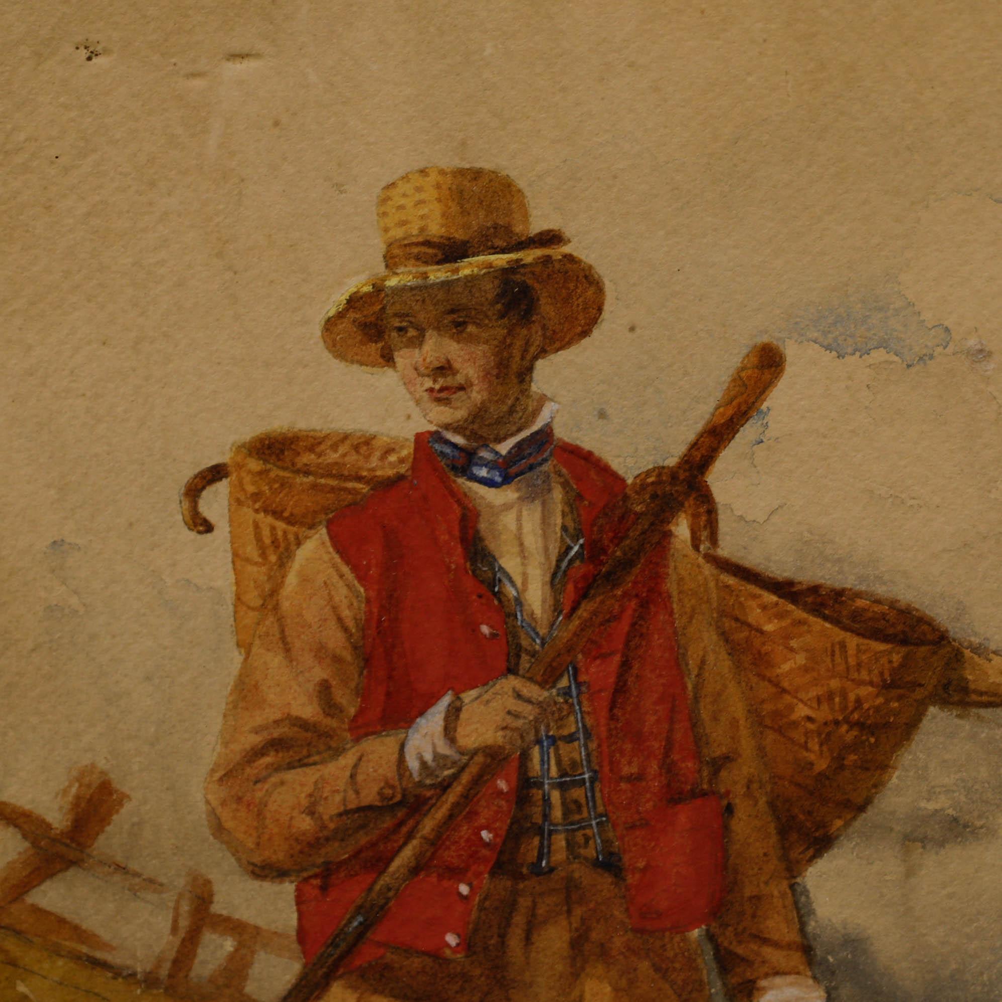 A charming watercolour study of an agricultural worker with his tools and a basket standing before a village. Unsigned. Presented in a gilt frame with a beaded running pattern. On paper.