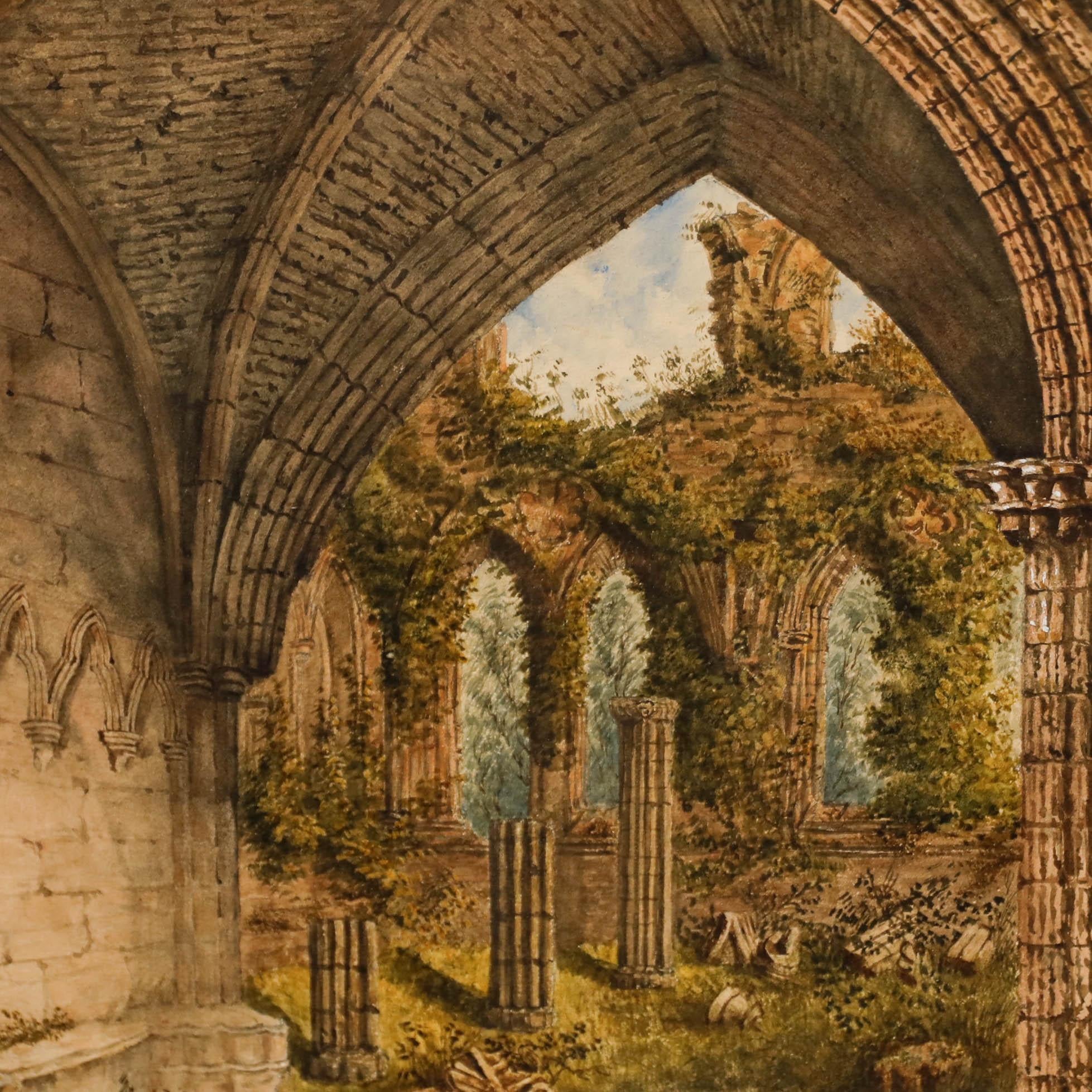 Questo bellissimo acquerello del XIX secolo cattura l'inquietante bellezza delle rovine dell'abbazia. L'artista incornicia abilmente archi gotici fatiscenti e pareti ricoperte di edera attraverso un grande arco in primo piano. L'acquerello è stato
