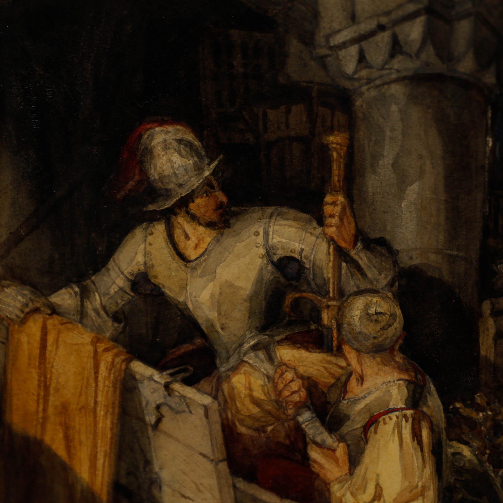 Follower of Rosetti  - 1874 Watercolour, The Loot - Black Figurative Art by Unknown