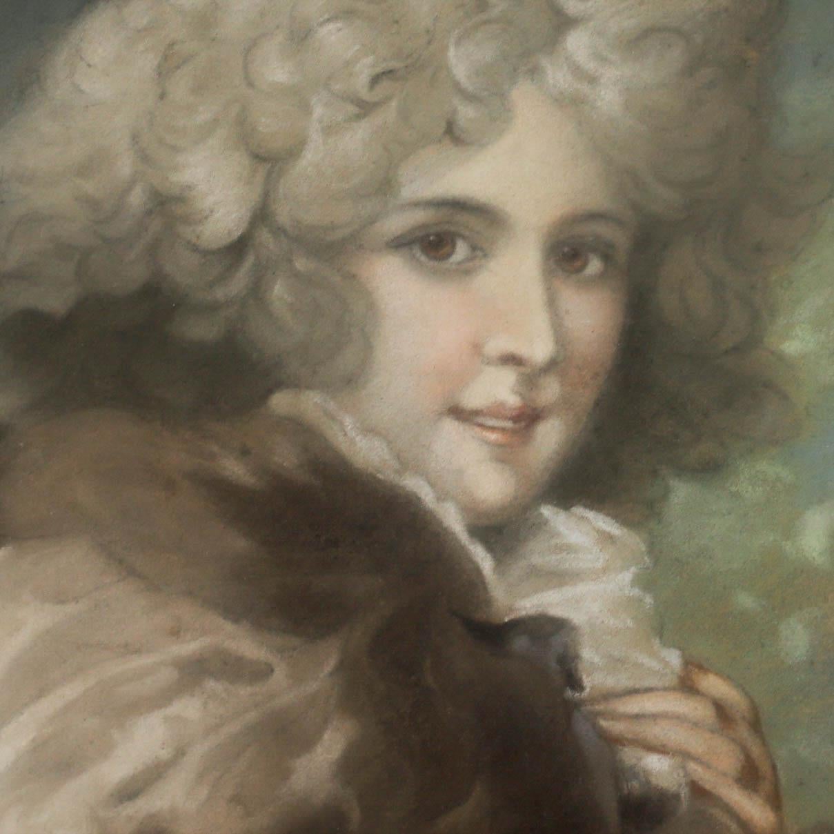 Ein elegantes farbiges Kreideporträt von Elizabeth Farren. Präsentiert in einem attraktiven ovalen Rahmen mit zarten Laufmustern. Rechts unten signiert 