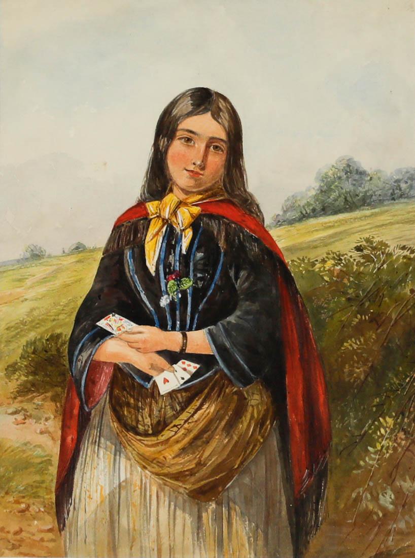 A colourful and well-painted watercolour portrait of a gypsy girl holding a deck of playing cards. Well presented in a decorative gilt-effect frame with shell and acanthus ornamentation to the swept rail. Unsigned. On paper.