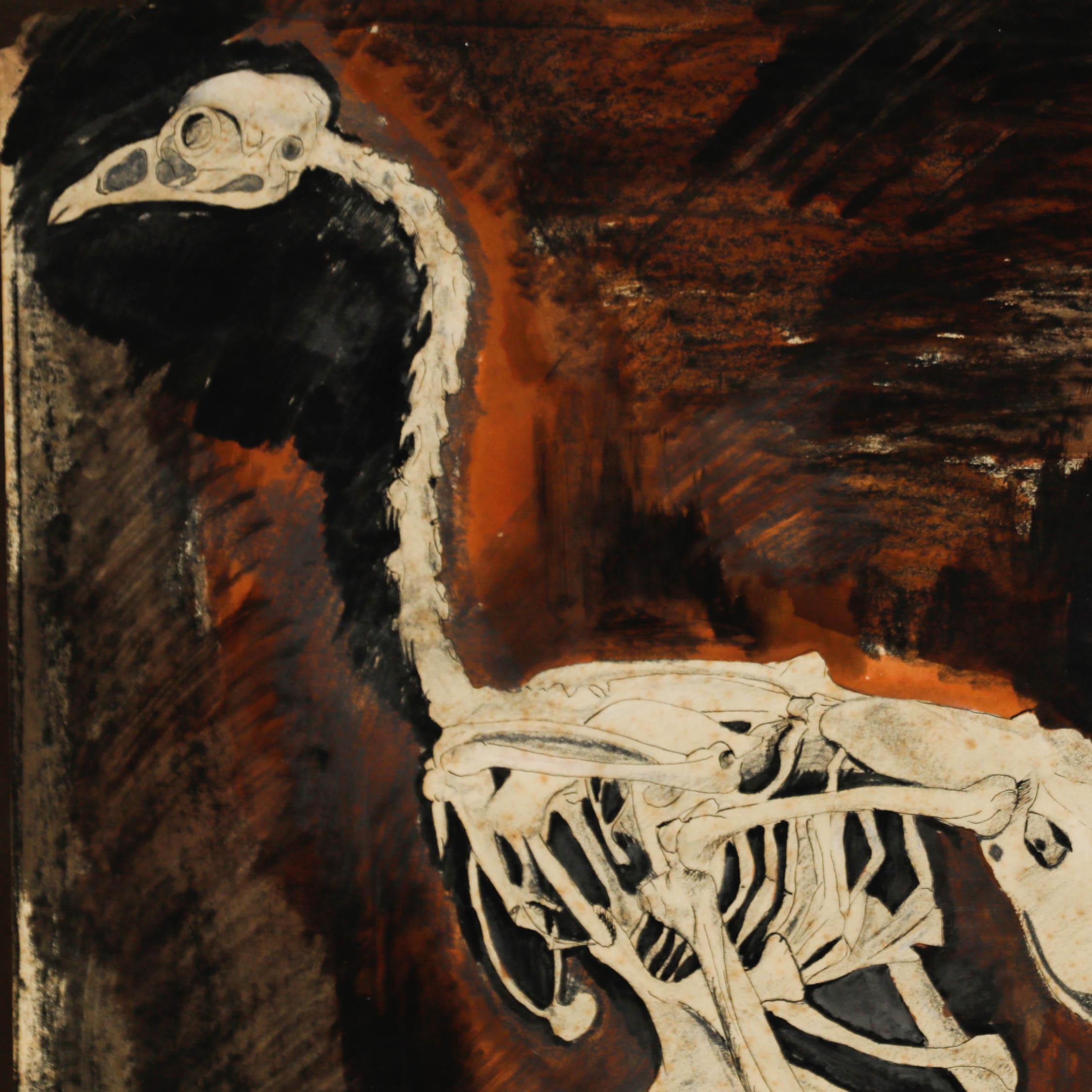 Eine düstere Aquarellskizze eines Hühnerskeletts der Exmoor-Künstlerin Mary Chugg (1935-2024). Gut präsentiert in einem verglasten Rahmen mit Goldeffekt. Signiert unten rechts und datiert 1954. Auf dem Papier.