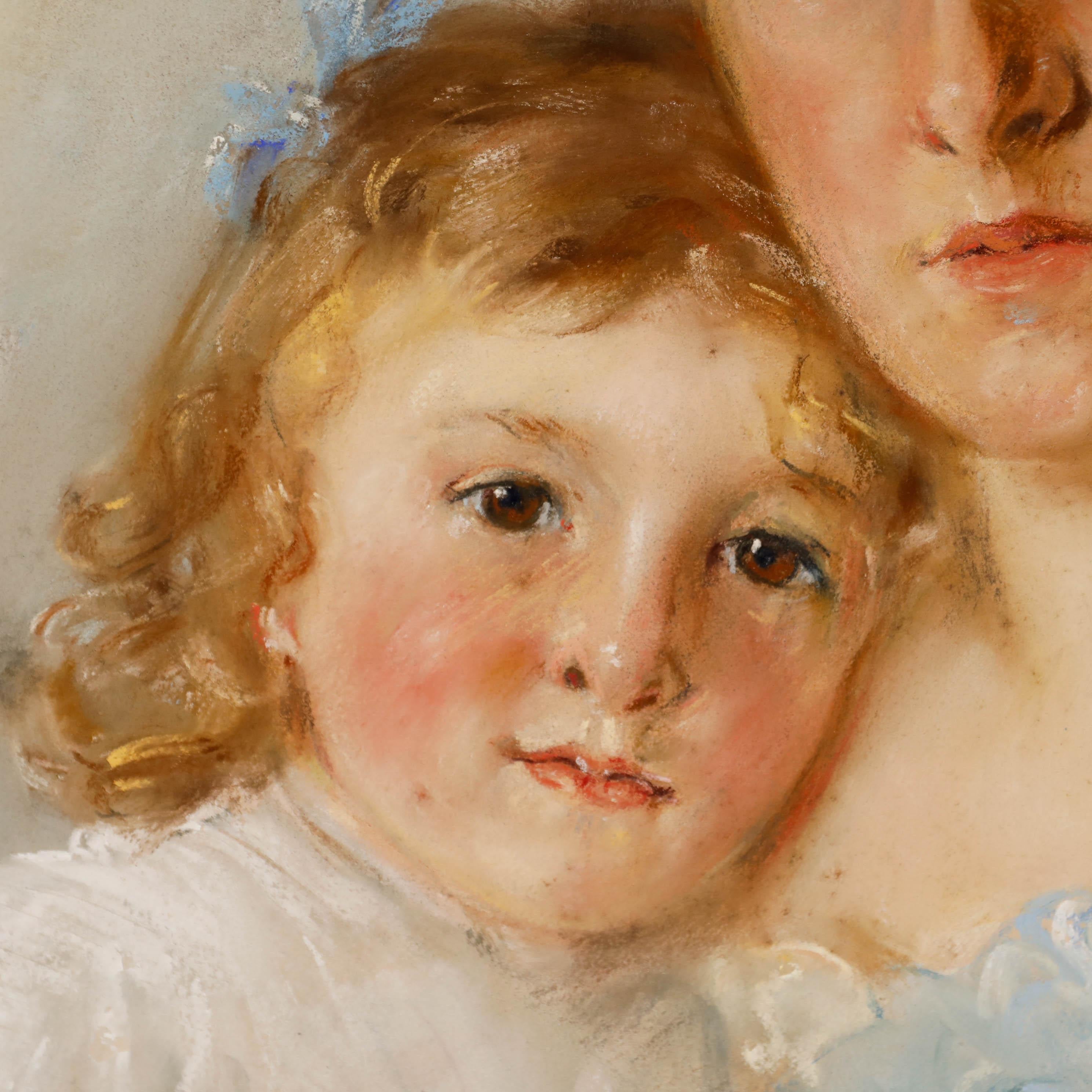 This oval portrait depicts two figures in a tender embrace against a soft, hazy background. The composition draws the viewer's eye to the central subjects, highlighting their delicate features and the intimate familial bond between them. Signed in