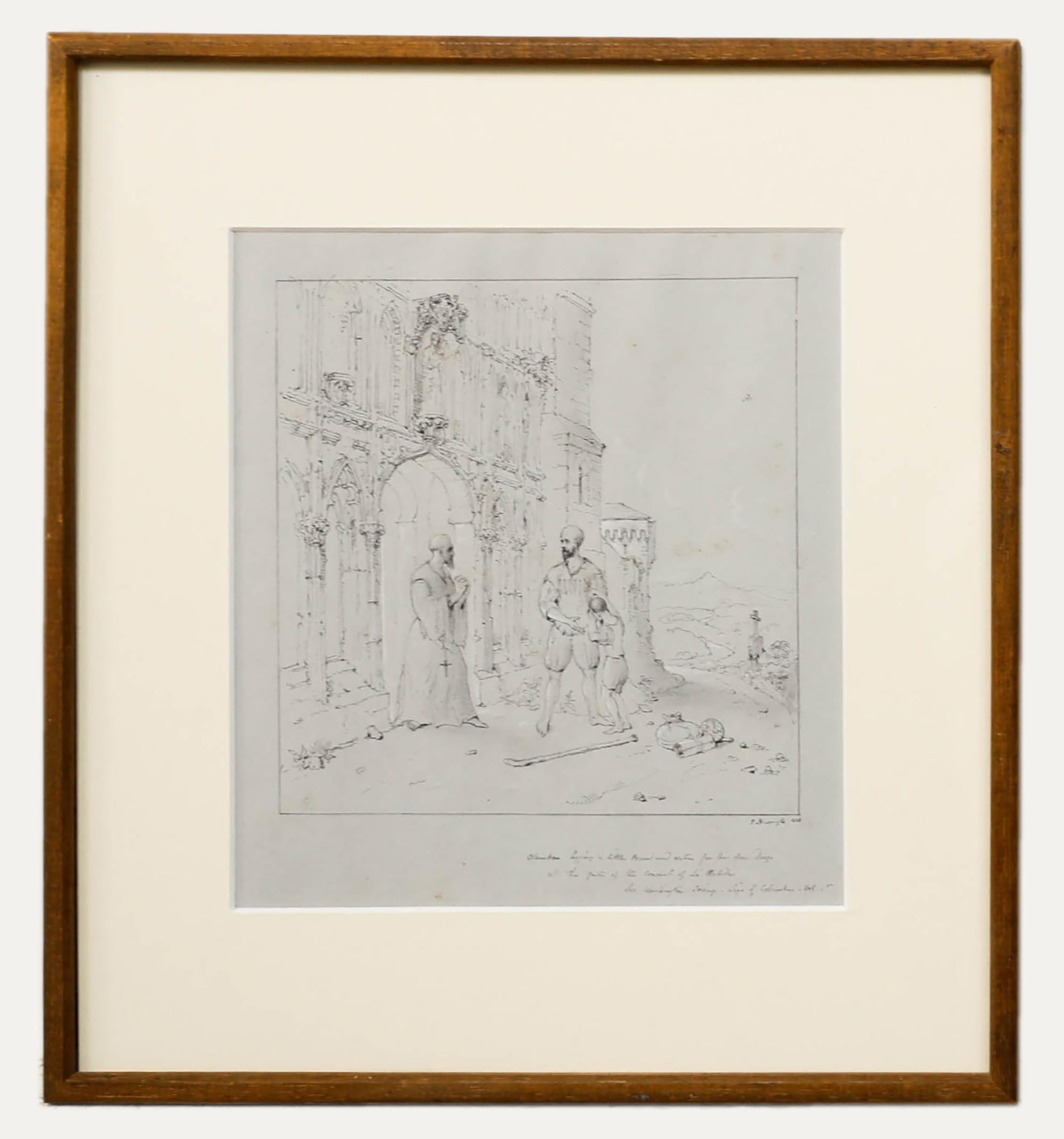 Unknown Figurative Art - James Nasmyth - Framed 1935 Ink Drawing, Christopher Columbus & his son Diego