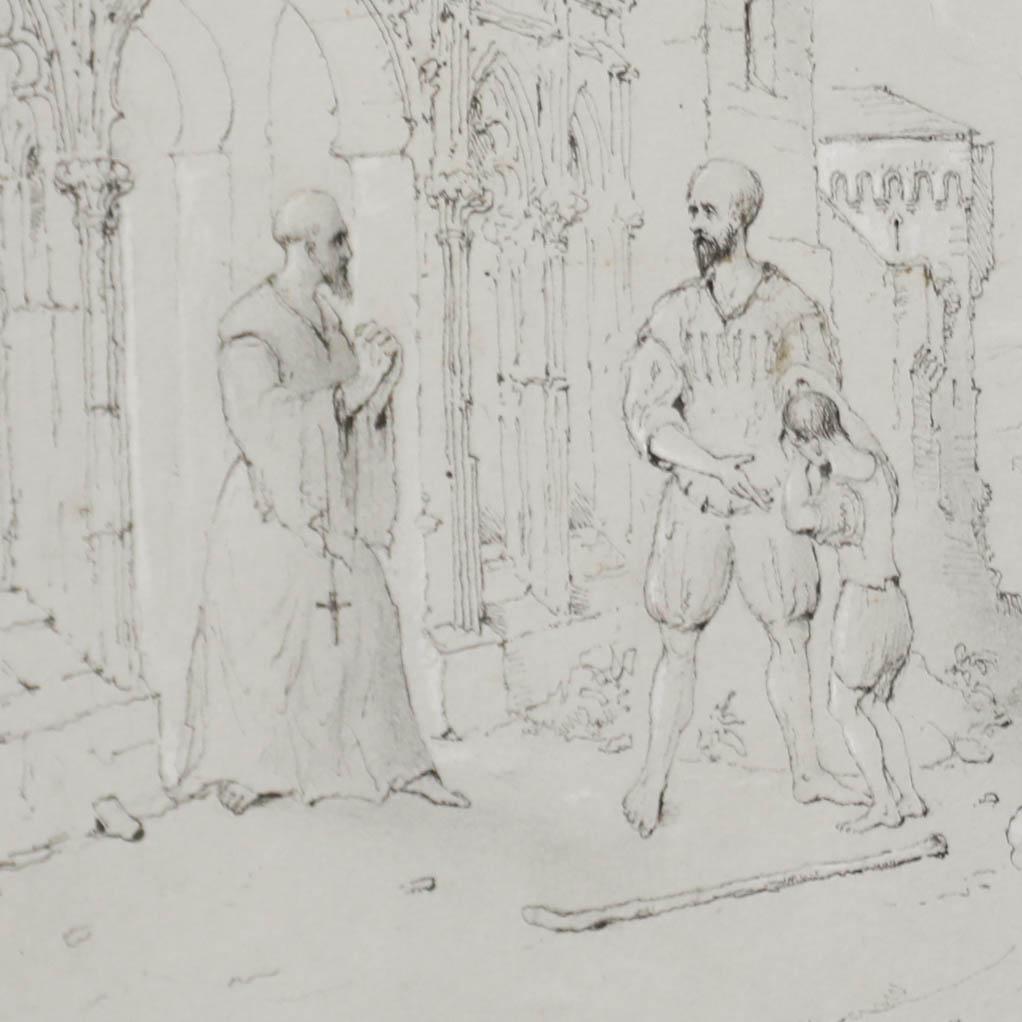 Christopher Columbus and his son Diego outside the convent of La Rabida, ink on paper. Heightened with bodycolour and graphite. Presented in a narrow wooden frame. Signed, inscribed and dated (1835) to the lower right. On paper. 