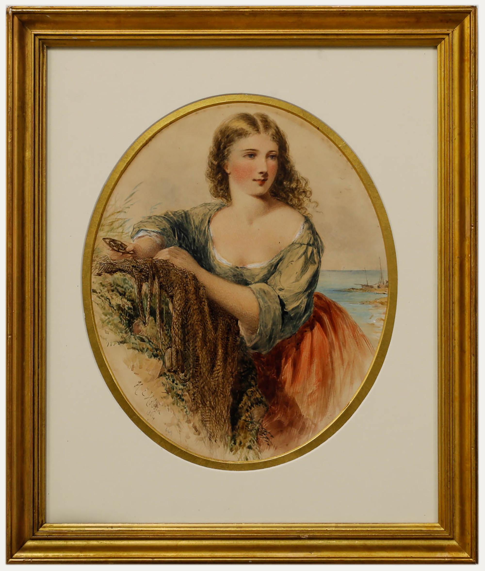 Portrait di Henry Edrington Hobson - Henry E. Hobson (nato nel 1857-1870) - Acquerello incorniciato del 1864, Fanciulla che rammenda le reti