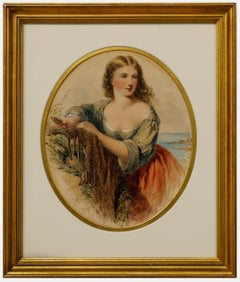 Henry E. Hobson (fl.1857-1870)- Framed 1864 Watercolour, Maiden Mending the Nets