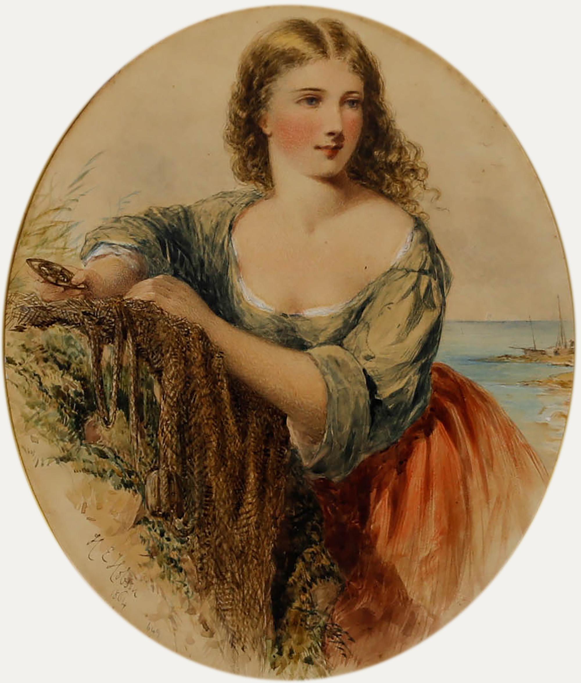 Henry E. Hobson (nato nel 1857-1870) - Acquerello incorniciato del 1864, Fanciulla che rammenda le reti - Art di Henry Edrington Hobson