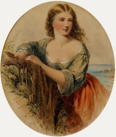 Henry E. Hobson (fl.1857-1870)- Framed 1864 Watercolour, Maiden Mending the Nets