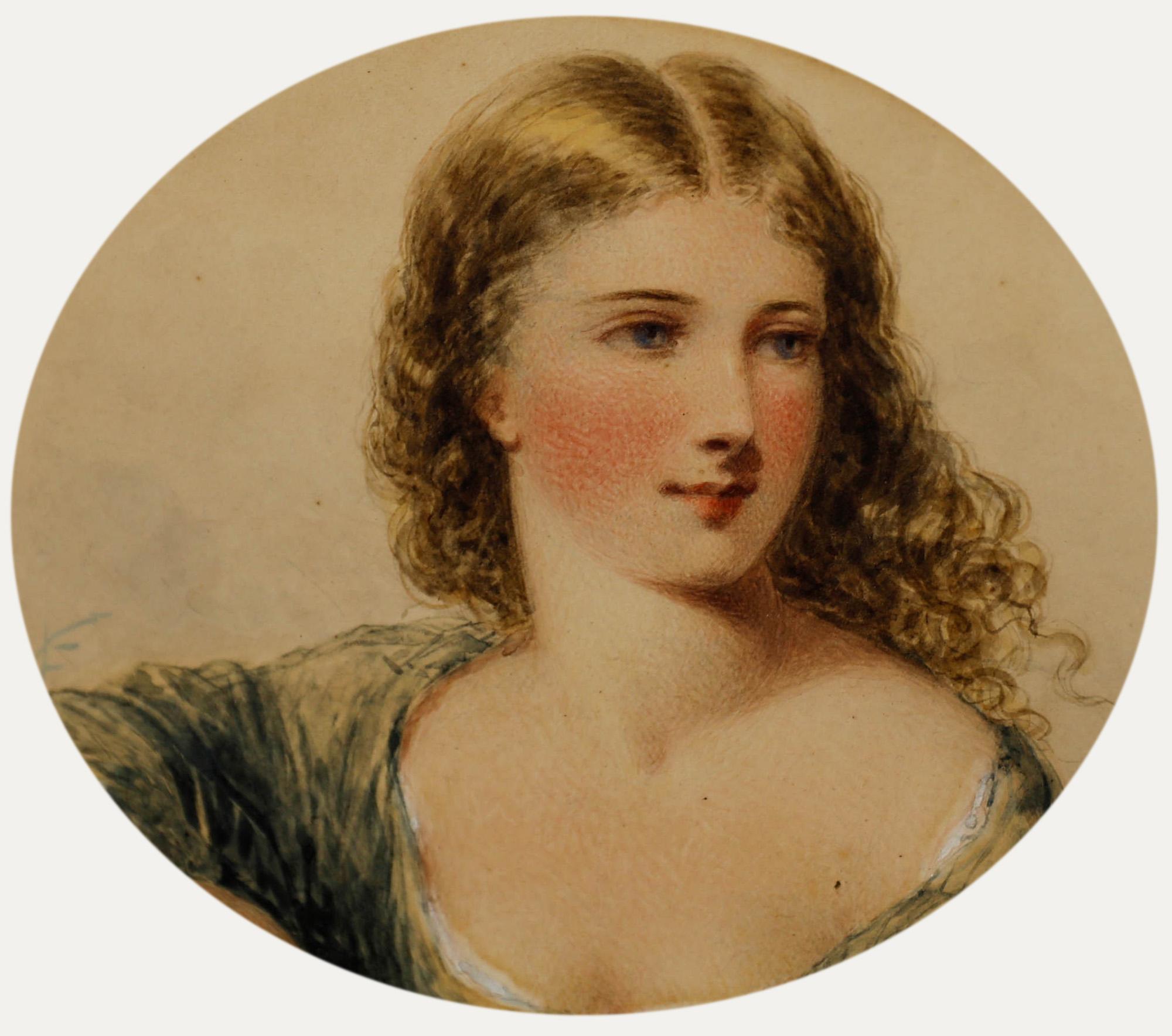 English School, acquerello con bodycolor. Ritratto di una giovane fanciulla che rammenda le reti da pesca in riva al mare. Ben presentato in una montatura ovale e in una cornice con effetto dorato. Firmato in basso a sinistra e datato 1864. Sulla