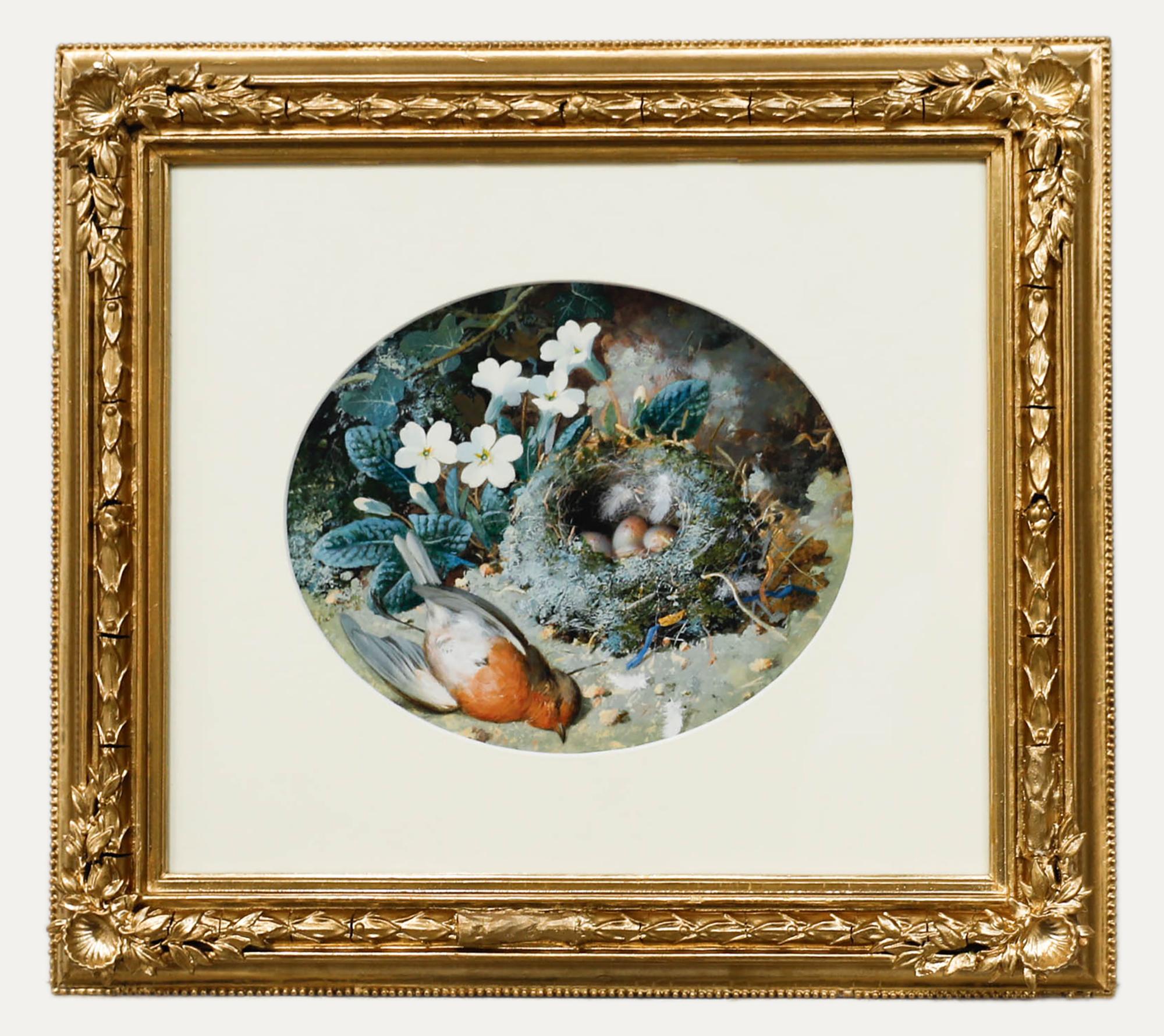 Questa delicata composizione ovale cattura un momento toccante della natura, con un nido di pettirosso con uova annidate tra primule in fiore e fogliame del bosco. L'attenzione dell'artista per i dettagli e l'attenta manipolazione della pittura