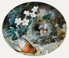 William Cruikshank (1848-1922) - Acquerello incorniciato, Il nido del pettirosso