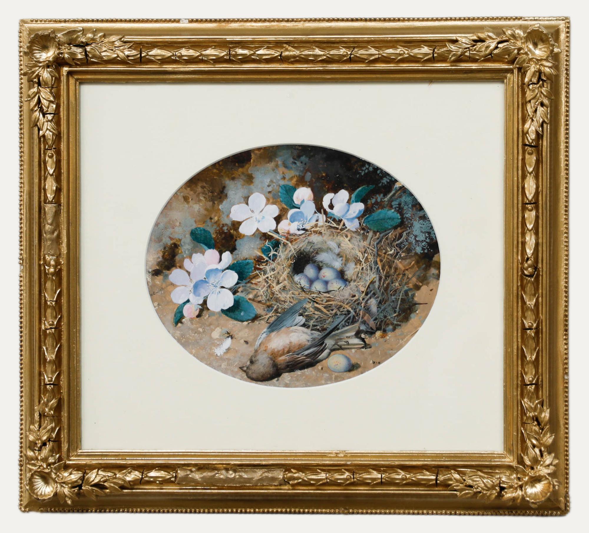 Esta delicada composición ovalada capta un conmovedor momento de la naturaleza, con un pequeño nido de pájaros con huevos entre flores y follaje del bosque. La atención del artista a los detalles y el cuidadoso manejo de la pintura crean una tierna