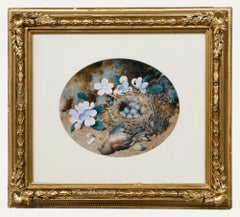 William Cruikshank (1848-1922) - Aquarelle encadrée, nid d'oiseaux parmi fleurs