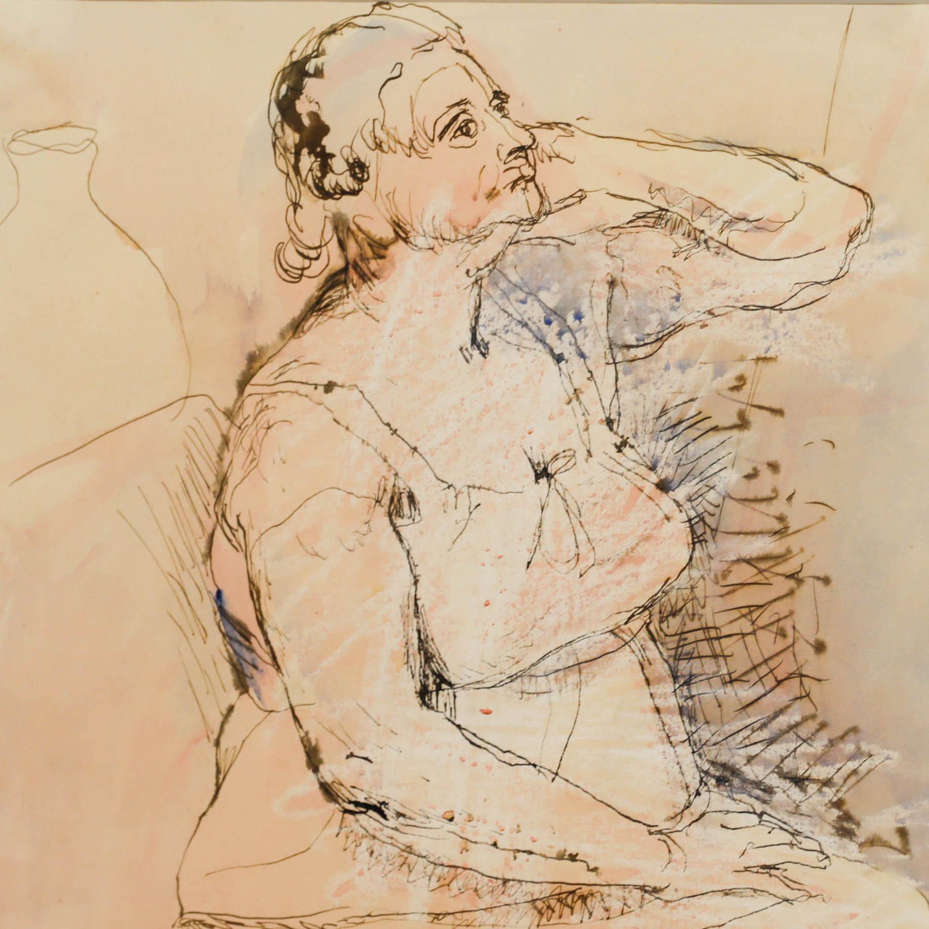Pen and watercolour sketch of the artist's mother. Signed in the lower left and dated 1950. Well presented in a slim wooden frame. On paper.