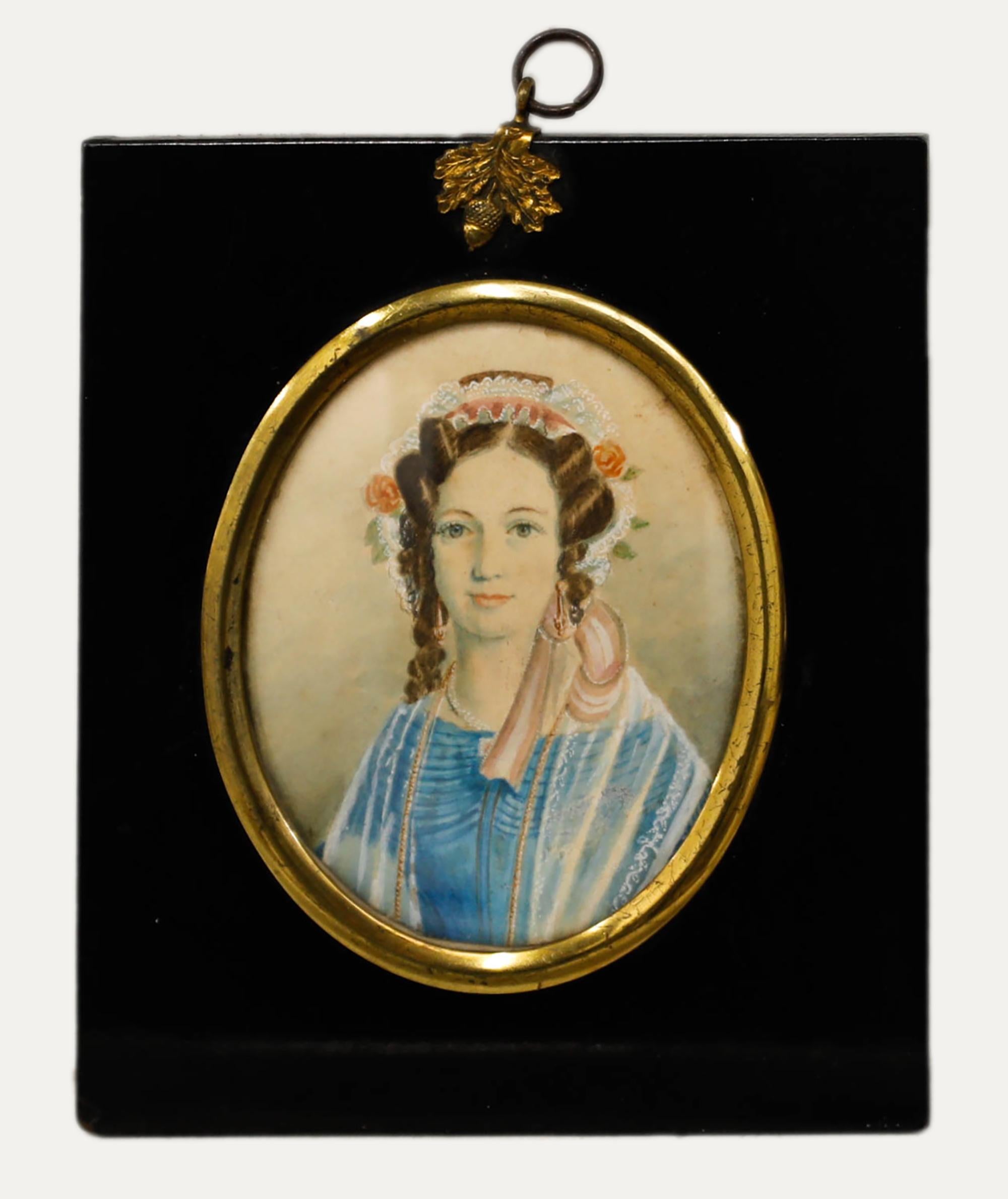 Miniature aquarelle du 19e siècle - Dame au bonnet de dentelle