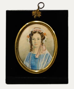 Acquerello in miniatura del XIX secolo - Signora con cappellino di pizzo