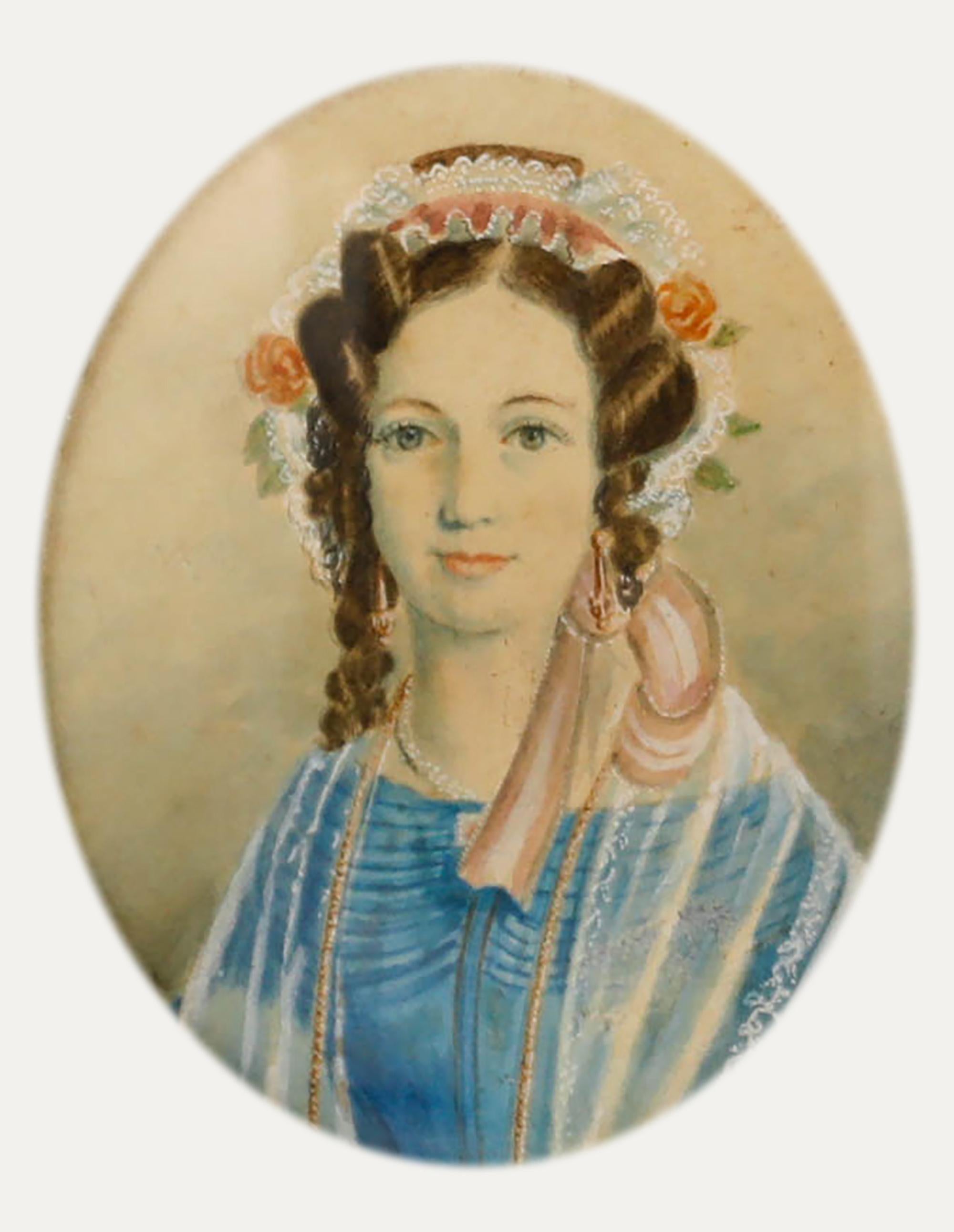 Acquerello in miniatura del XIX secolo - Signora con cappellino di pizzo - Art di Unknown