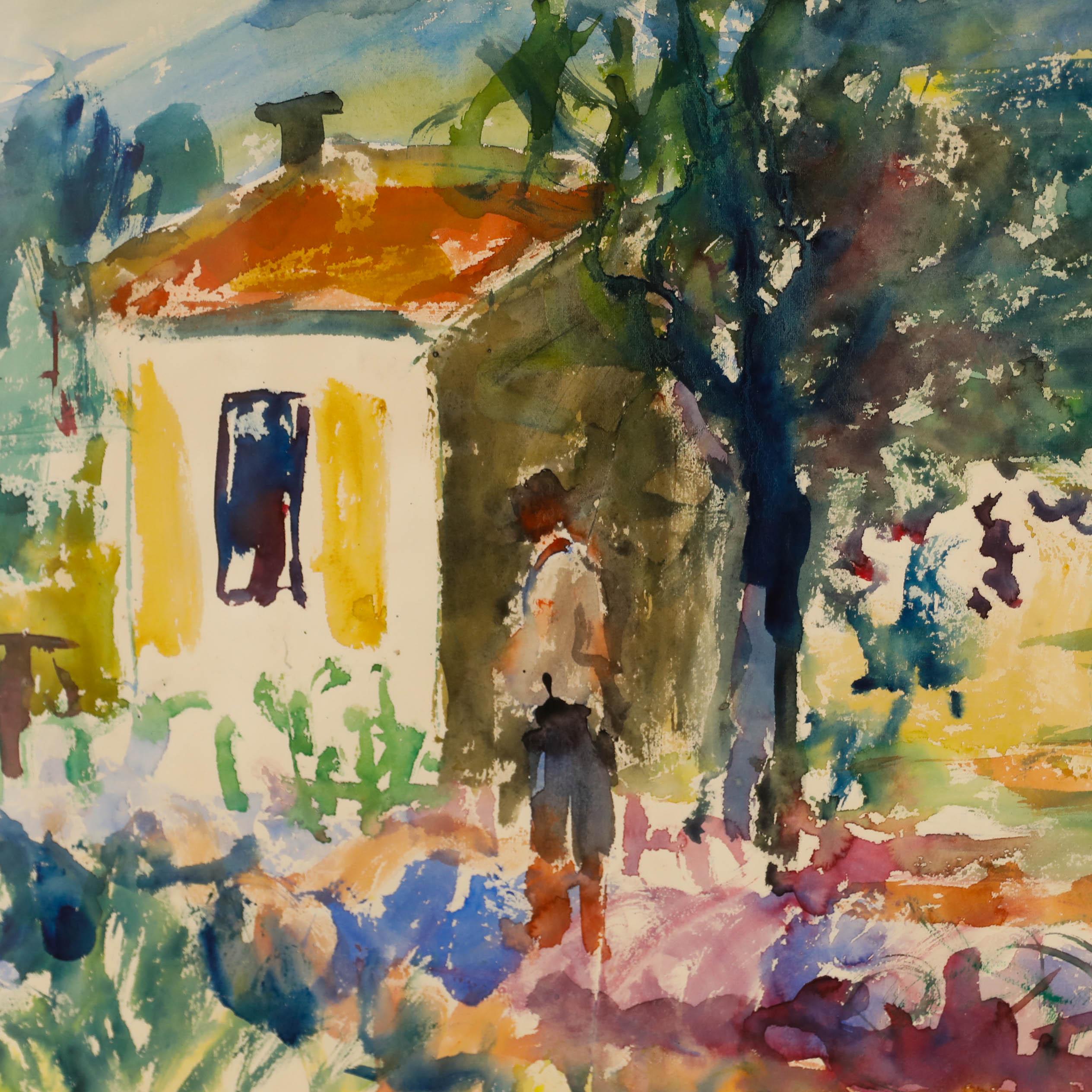 A charmingly expressive watercolour depicting a mare by a summer potting shed surrounded by summer crops.

Unsigned. Acquired as part of a studio collection. Presented in a white contemporary frame. 