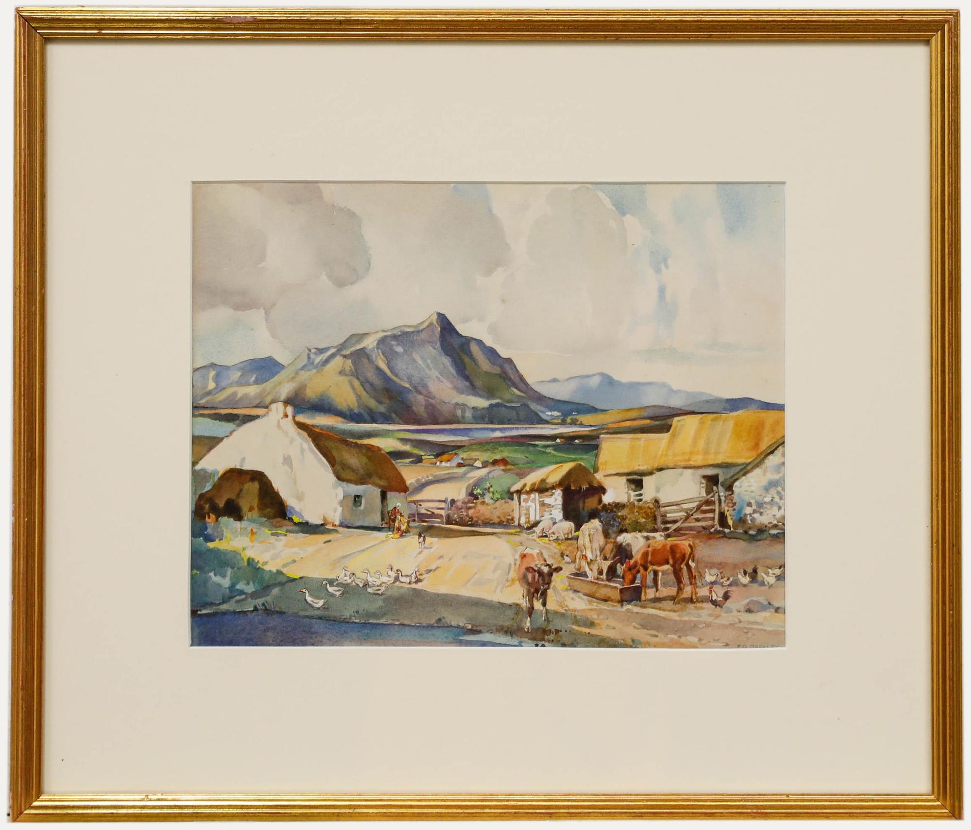 Landscape Art di Unknown - Frederick G. Meekley (1896-1951)- Acquerello, Crofters Cottage nelle Highlands