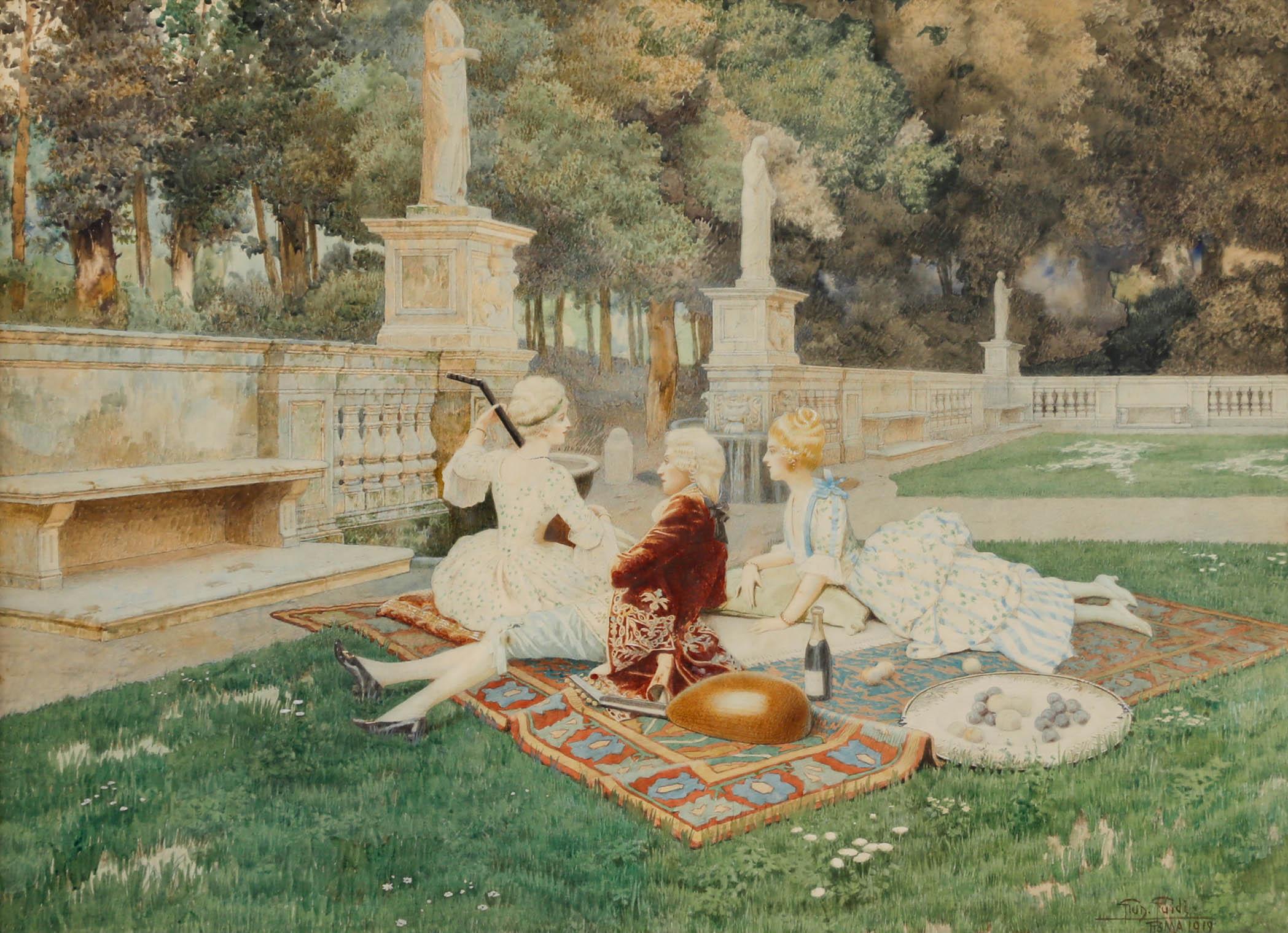 Guido Guidi - 1919 Watercolour, Garden of Leisure - Art by Unknown