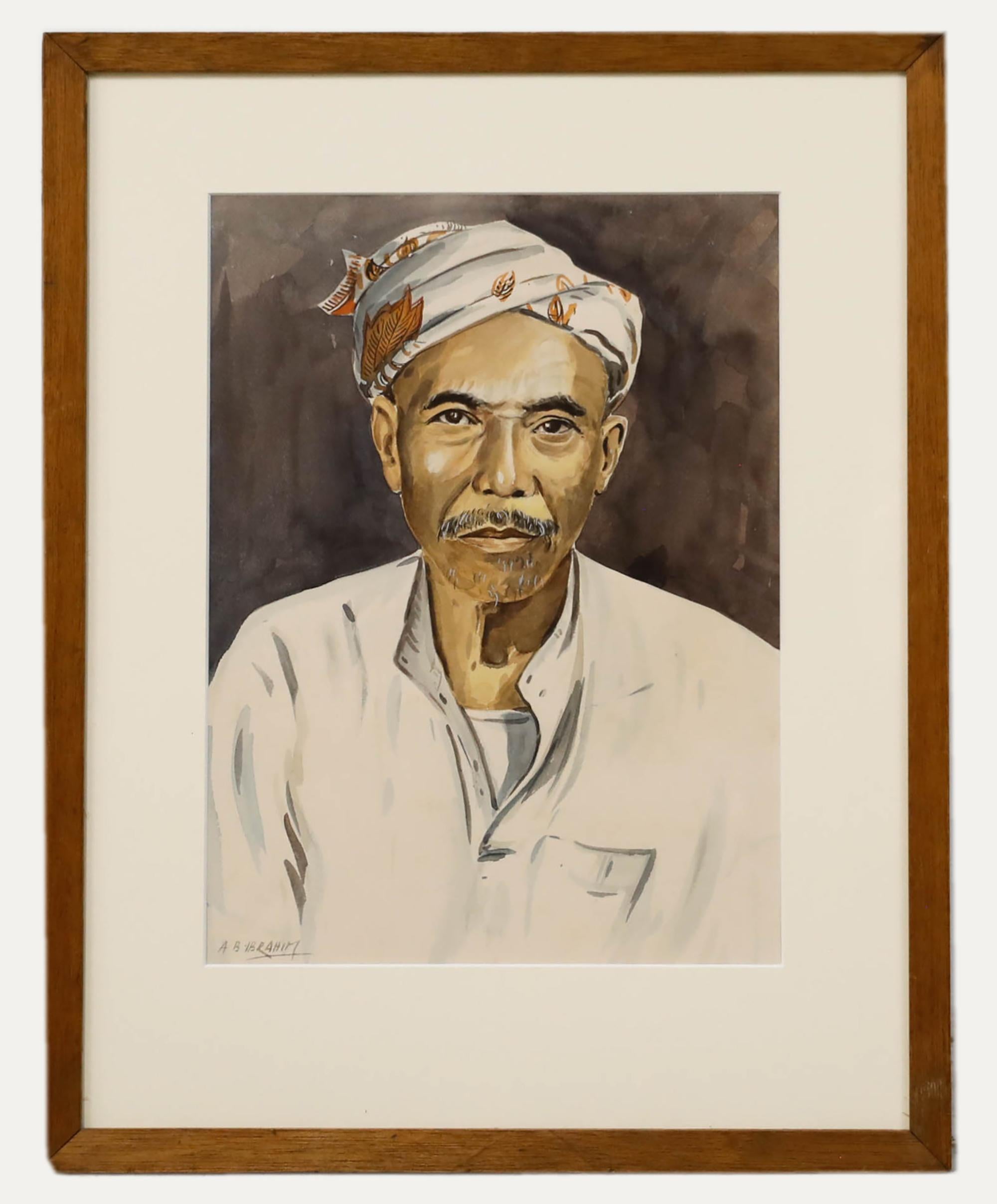 Unknown Portrait – Abu Bakar Ibrahim (1925-1977) - Aquarell aus der Mitte des 20. Jahrhunderts, Porträt eines Mannes