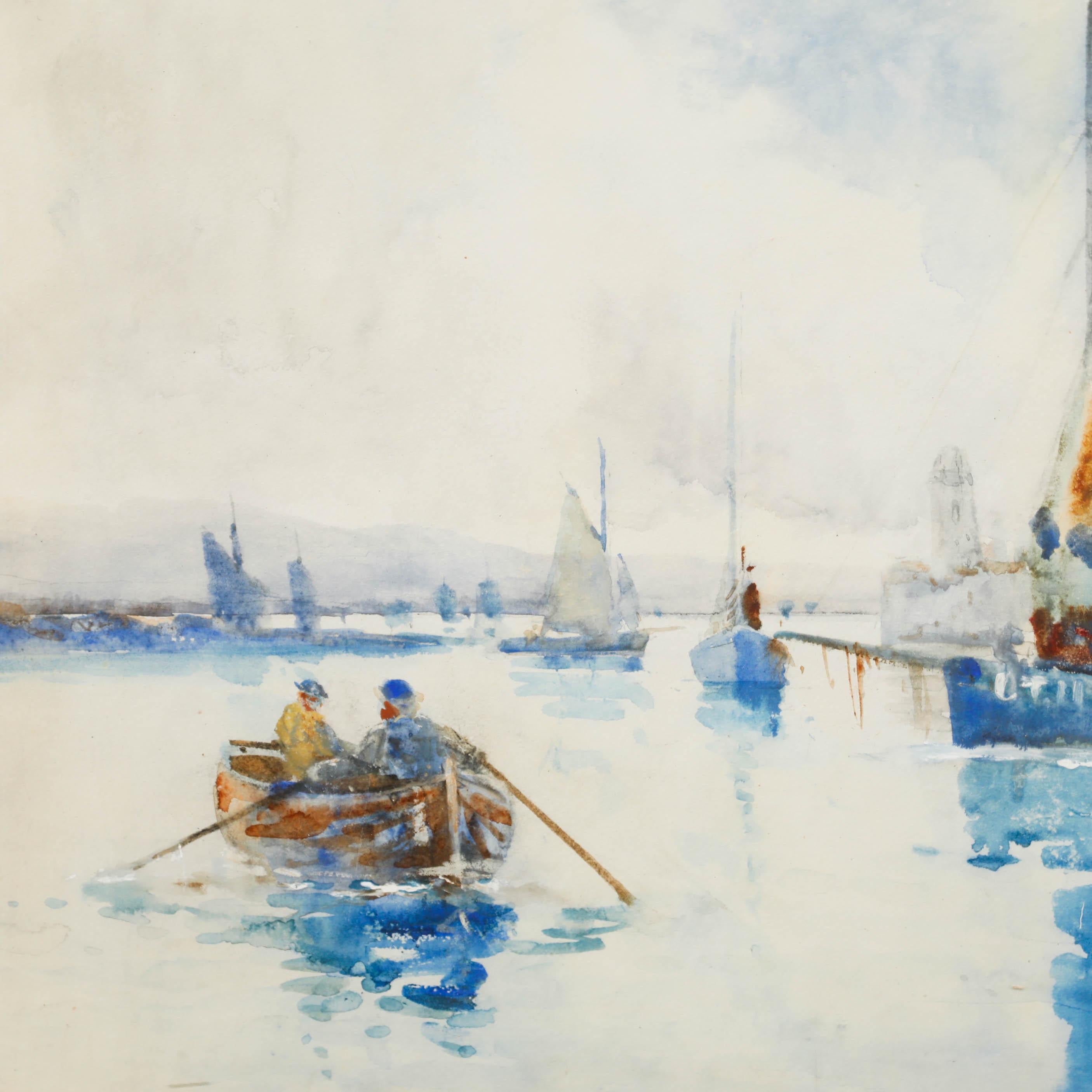 Eine charmante Aquarellskizze des unter Denkmalschutz stehenden britischen Künstlers Albert Procter, die Fischerboote auf der Isle of Man abbildet. Skizziert in 17 Minuten. Gut präsentiert in einem vergoldeten Rahmen. Unterschrieben. Auf