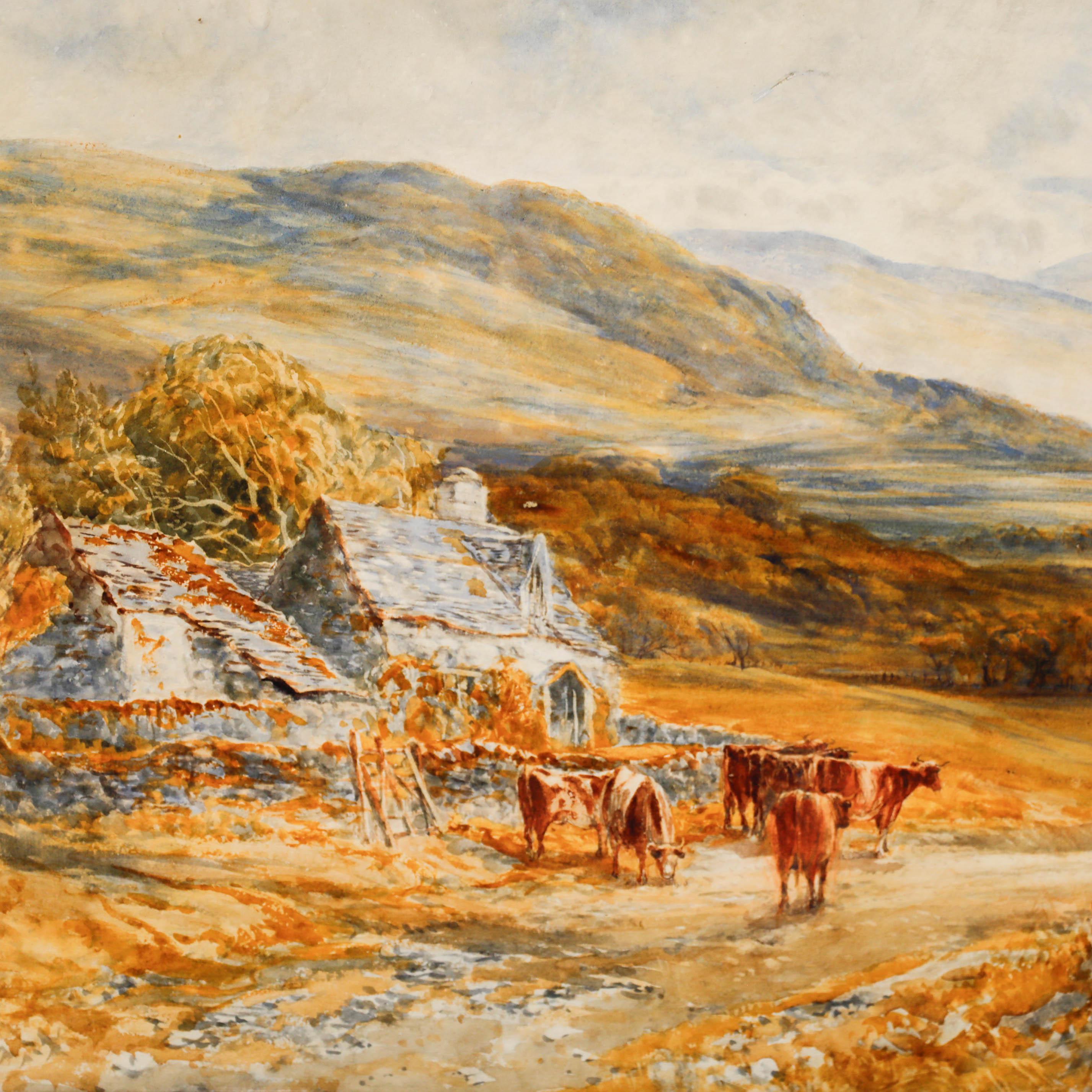 An expansive watercolour scene by British artist John Keeley. Well presented in a glazed, dark oak frame. Signed lower right. Signed and inscribed on the reverse. On paper. 