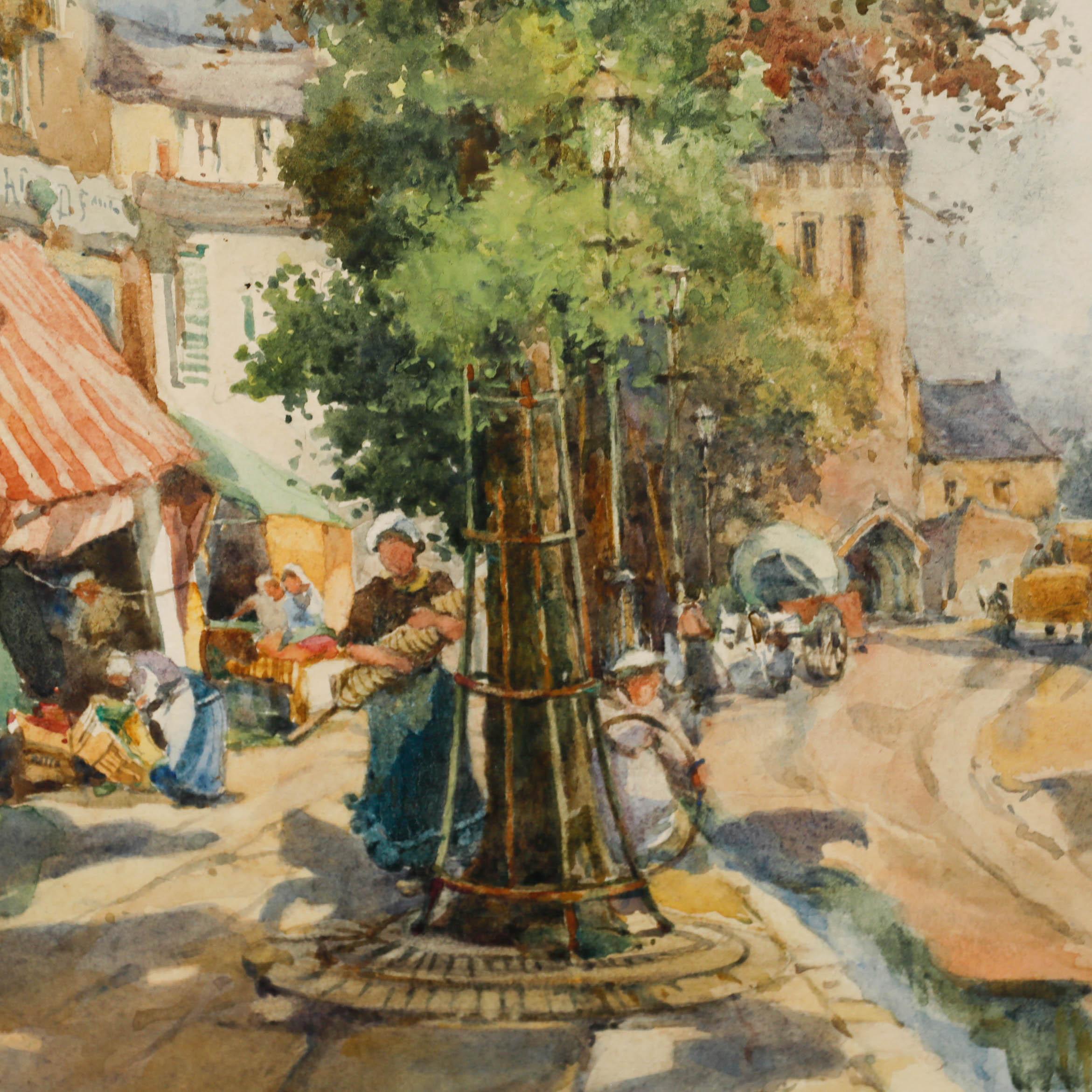 This vibrant watercolour captures the lively atmosphere of a bustling Parisian street with charming storefronts lining one side. The artist's skilled use of light and shadow brings depth to the composition, while the loose brushstrokes effectively